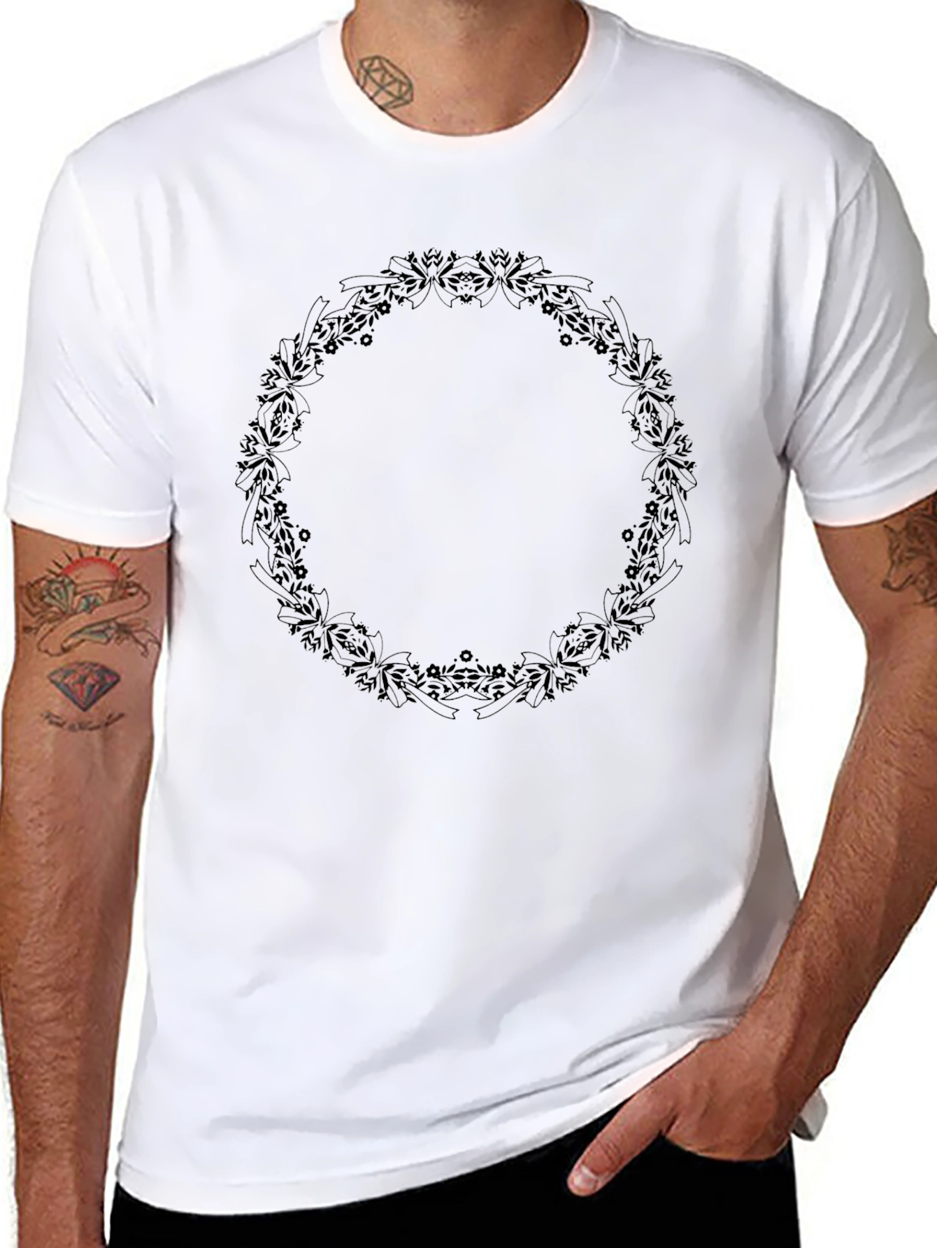 Mens Black Floral Wreath Graphic Tee