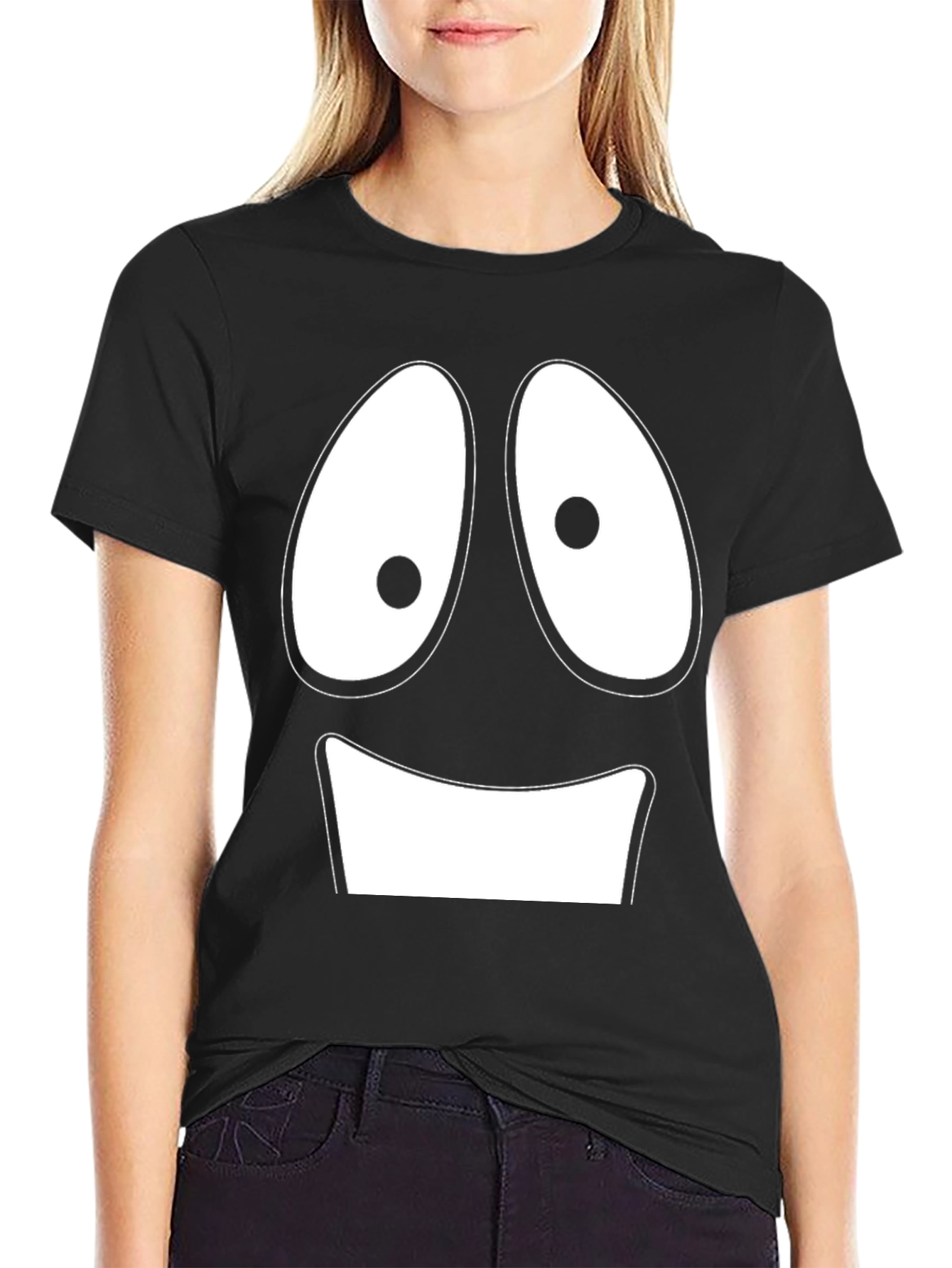 Funny Cartoon Face Black T-Shirt