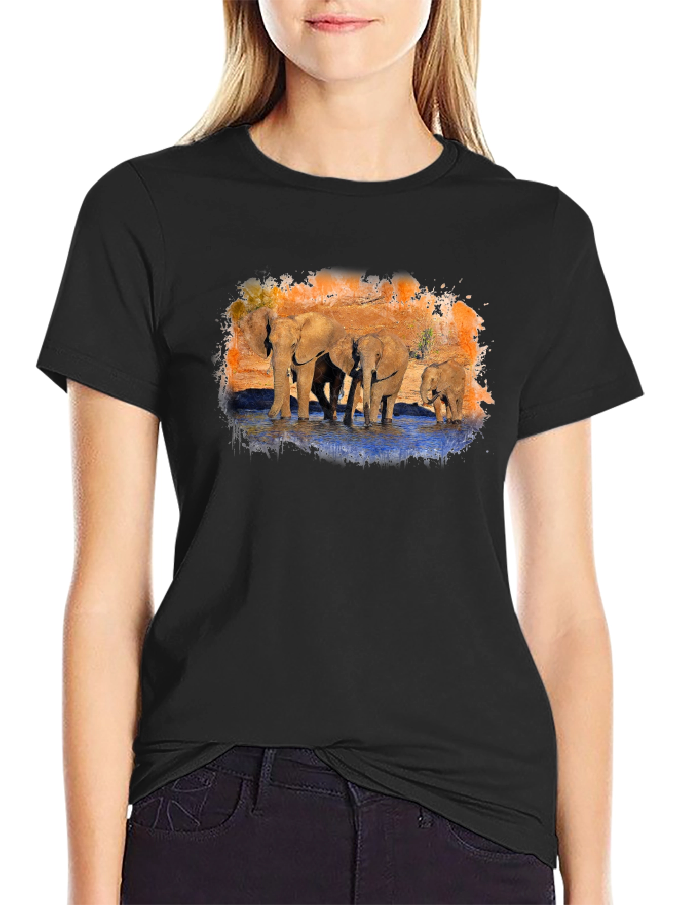 Elephant Family Graphic Print Black T-Shirt