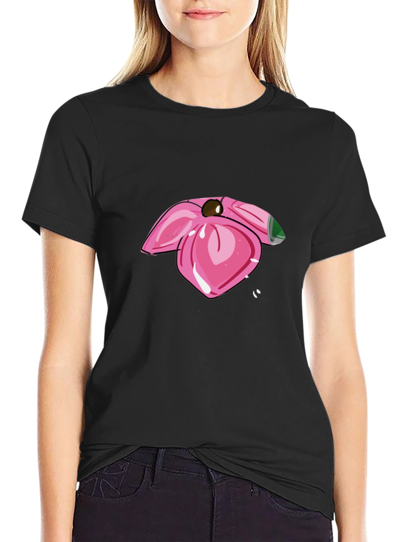 Pink Flower Graphic Black T-Shirt