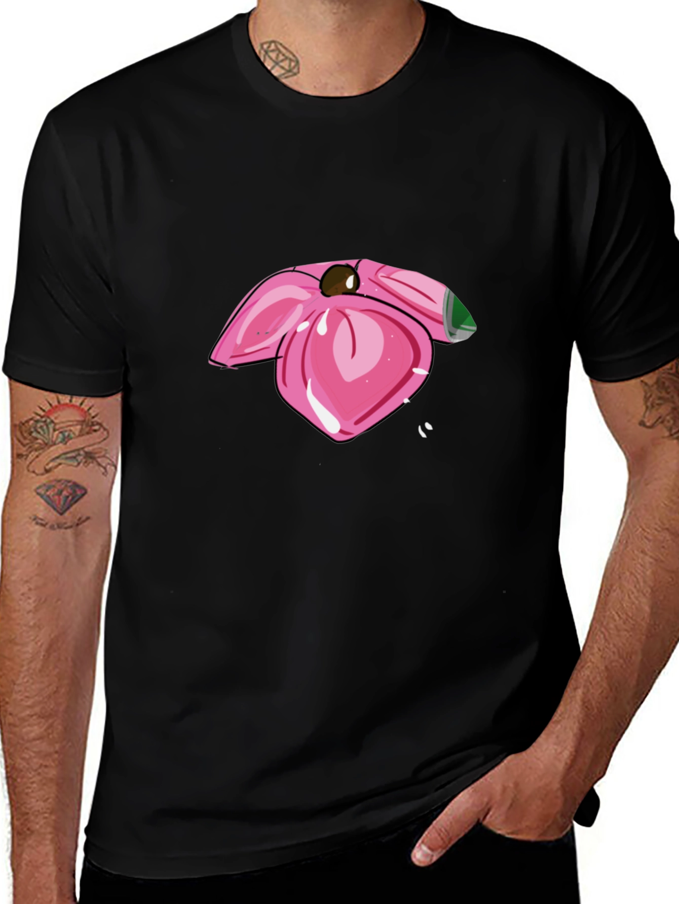 Pink Flower Graphic Black T-Shirt