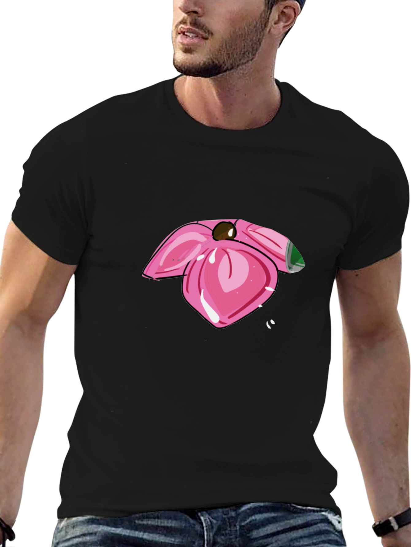 Pink Flower Graphic Black T-Shirt