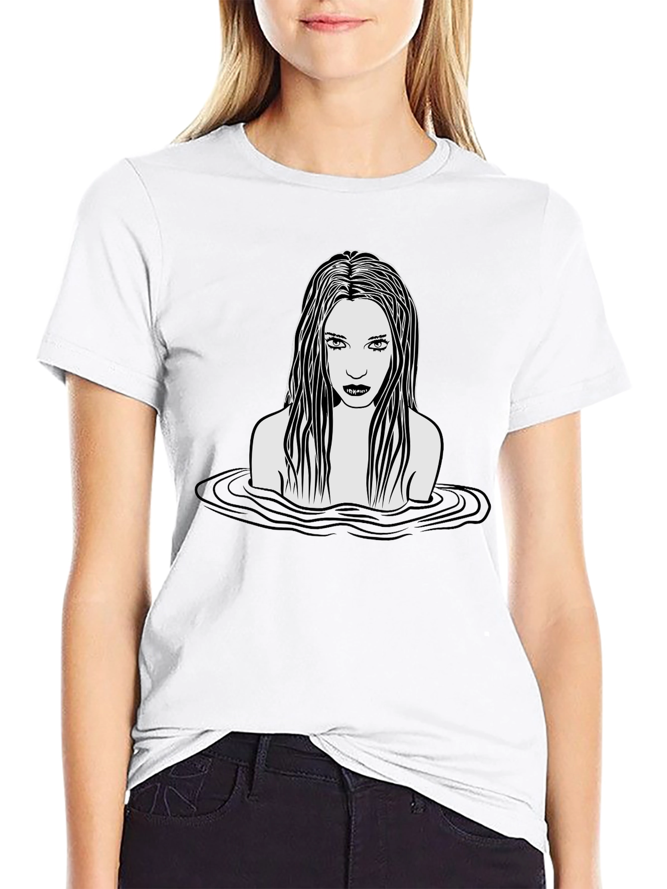 Eerie Woman in Water Graphic T-Shirt - Black