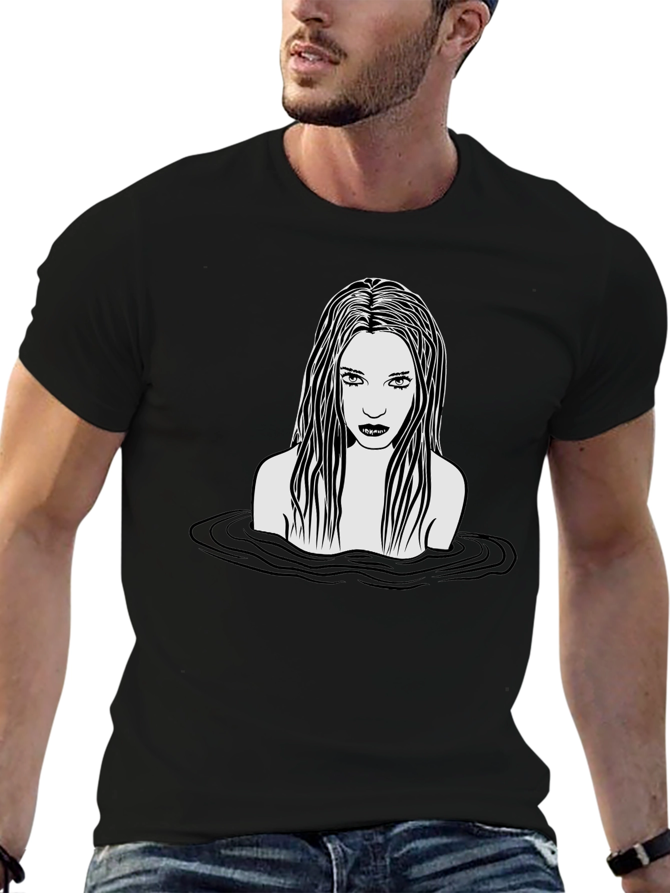 Eerie Woman in Water Graphic T-Shirt - Black