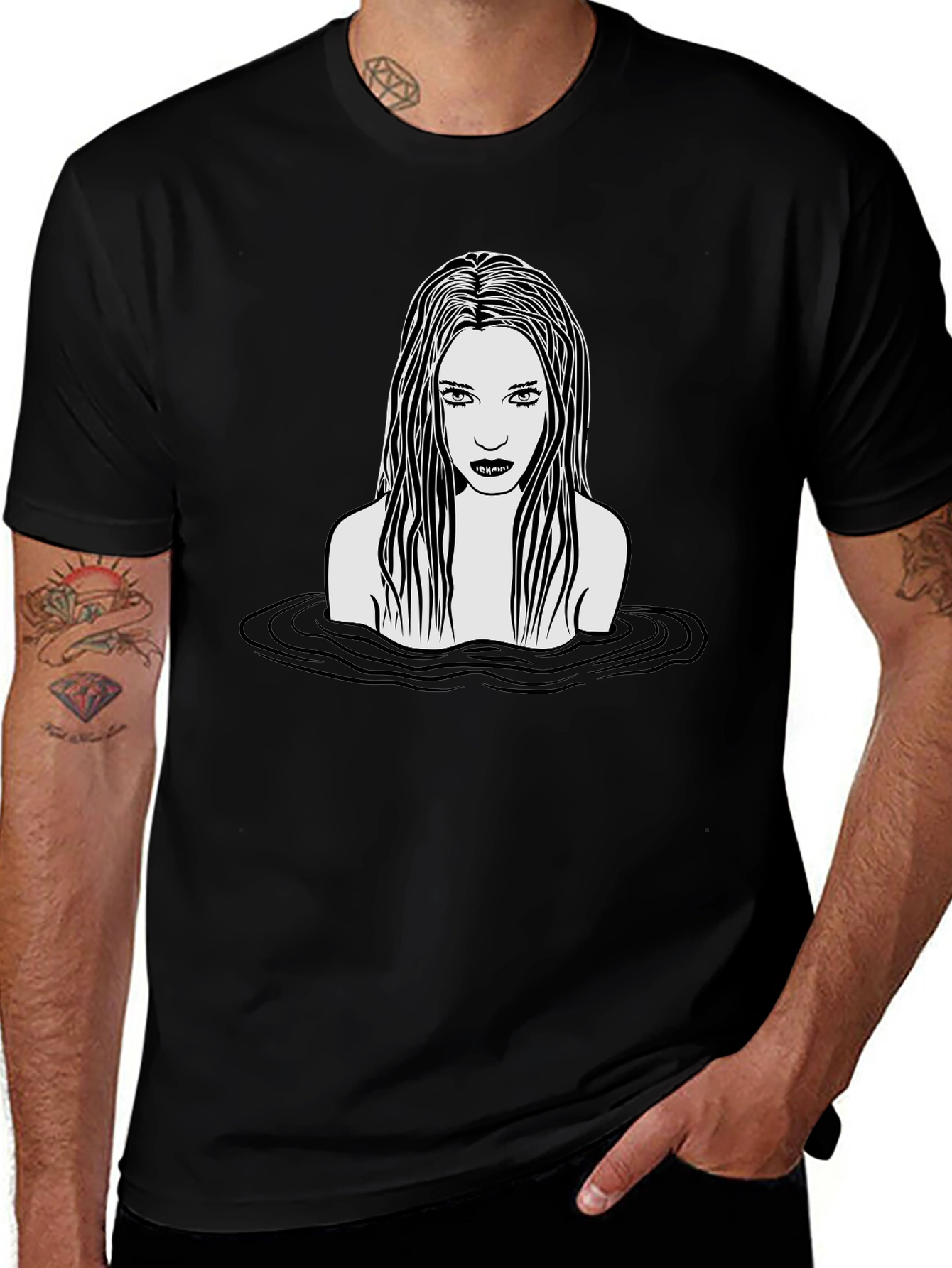 Eerie Woman in Water Graphic T-Shirt - Black