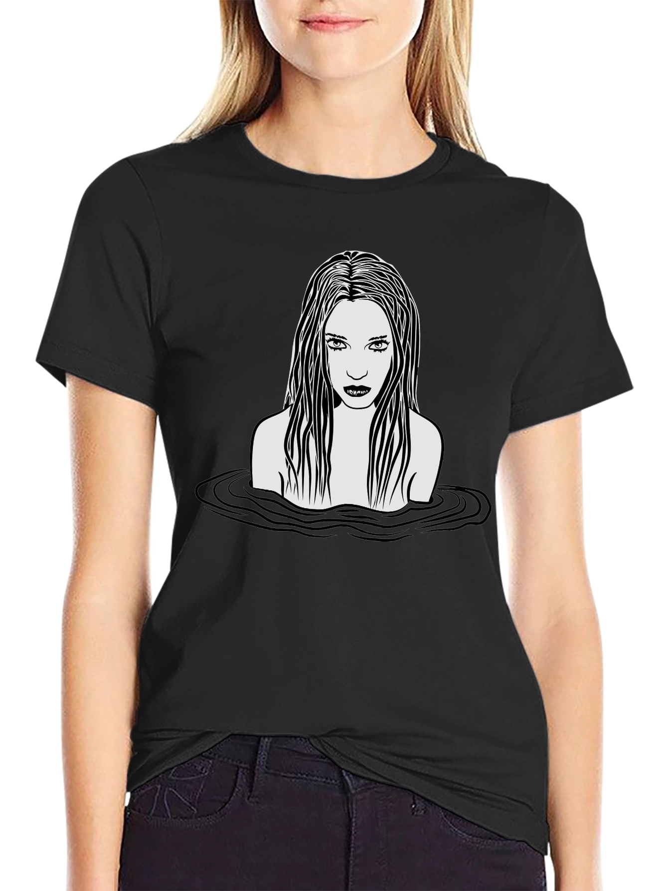 Eerie Woman in Water Graphic T-Shirt - Black