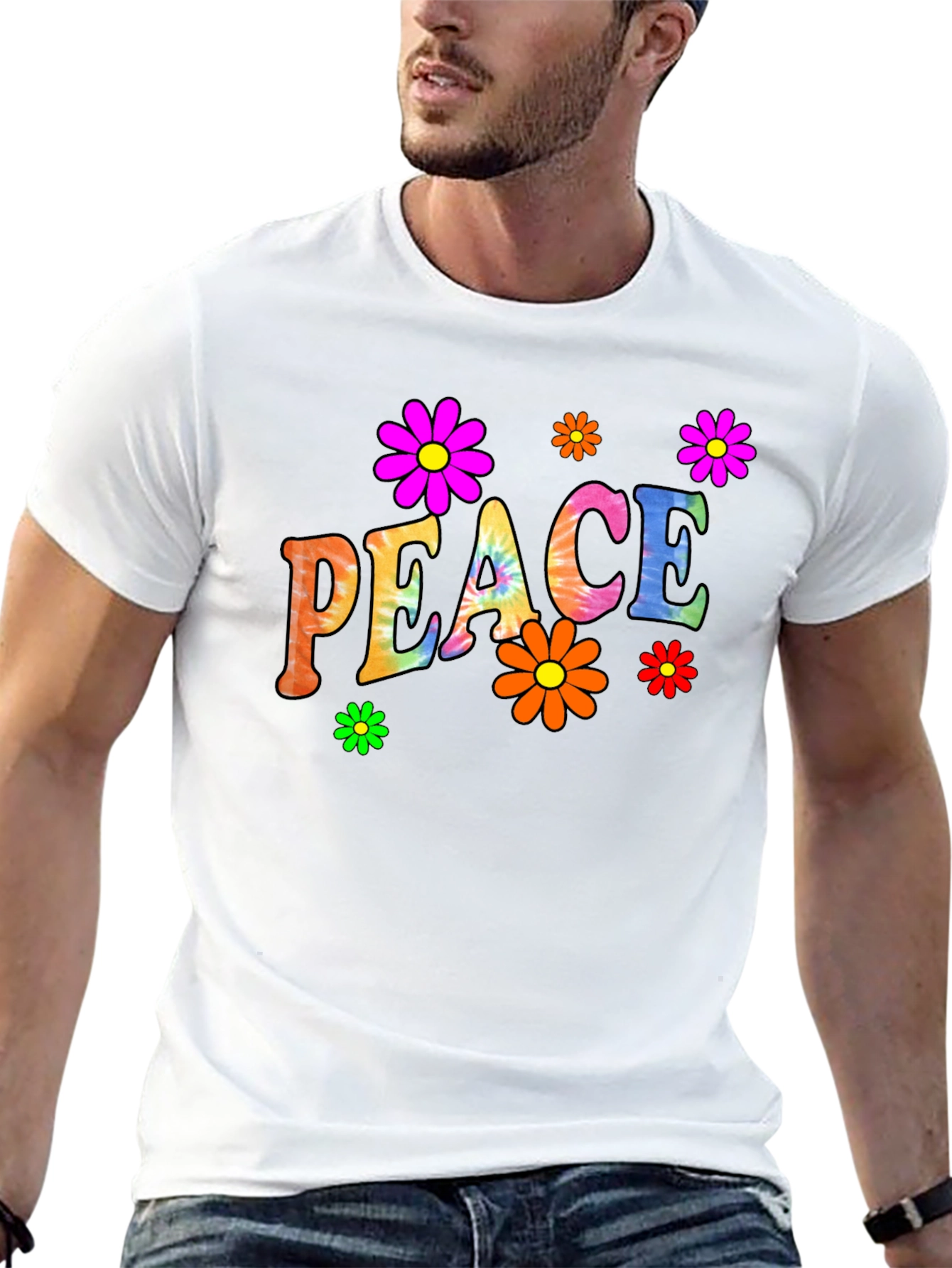 Peace Sign Flower Graphic Black T-Shirt