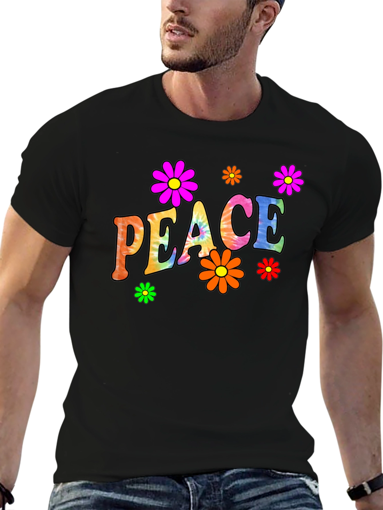 Peace Sign Flower Graphic Black T-Shirt