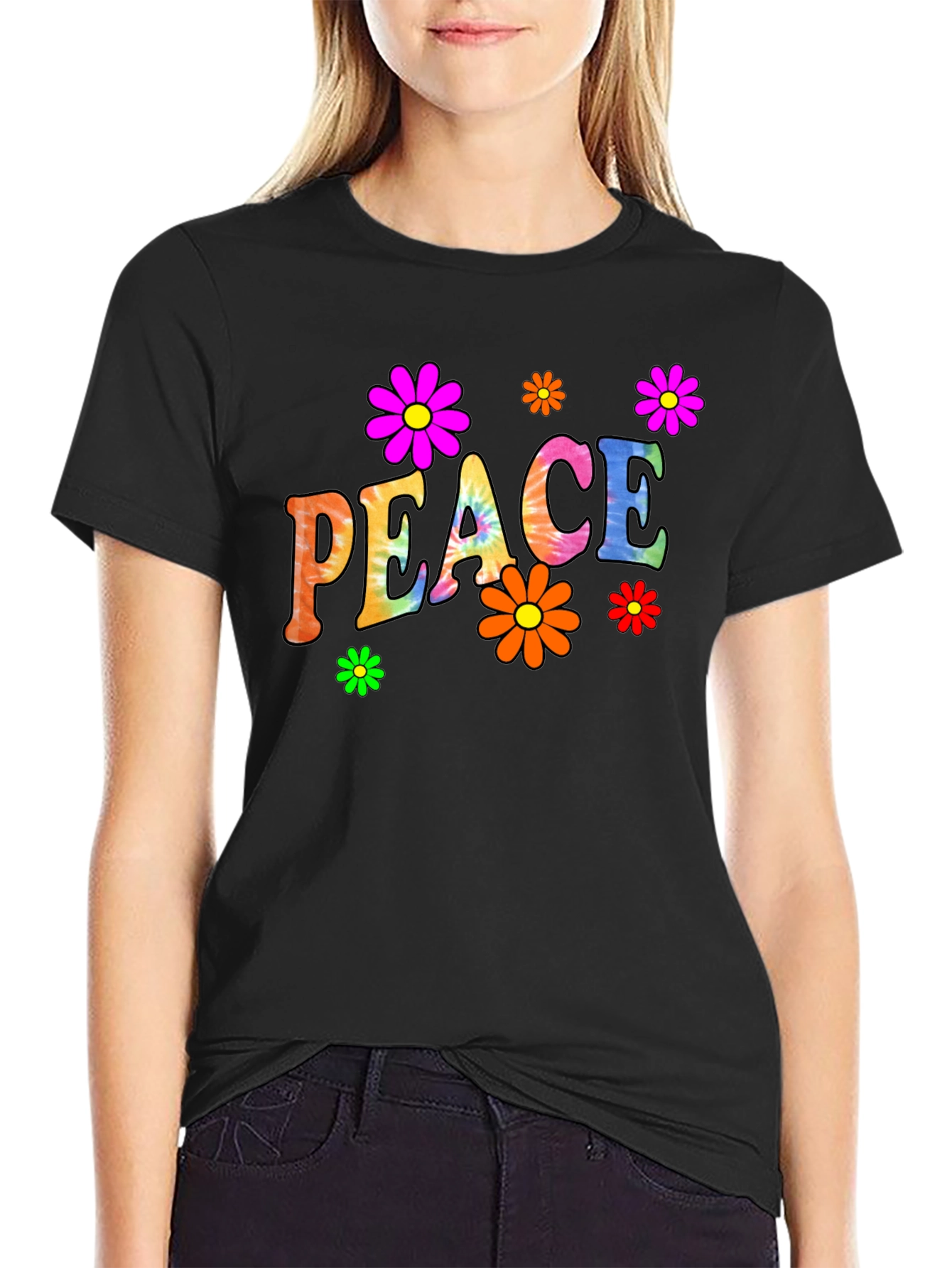Peace Sign Flower Graphic Black T-Shirt