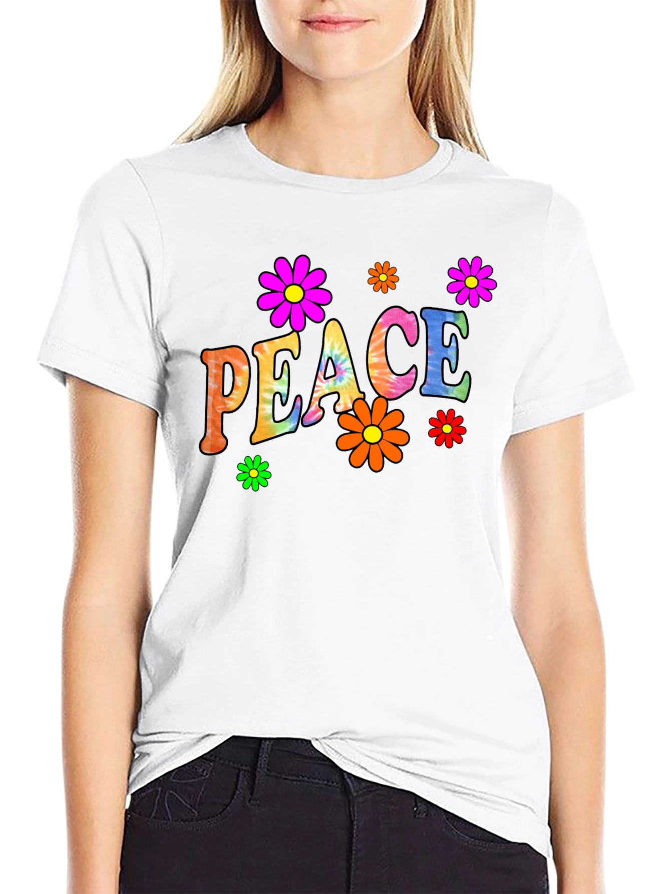Peace Sign Flower Graphic Black T-Shirt