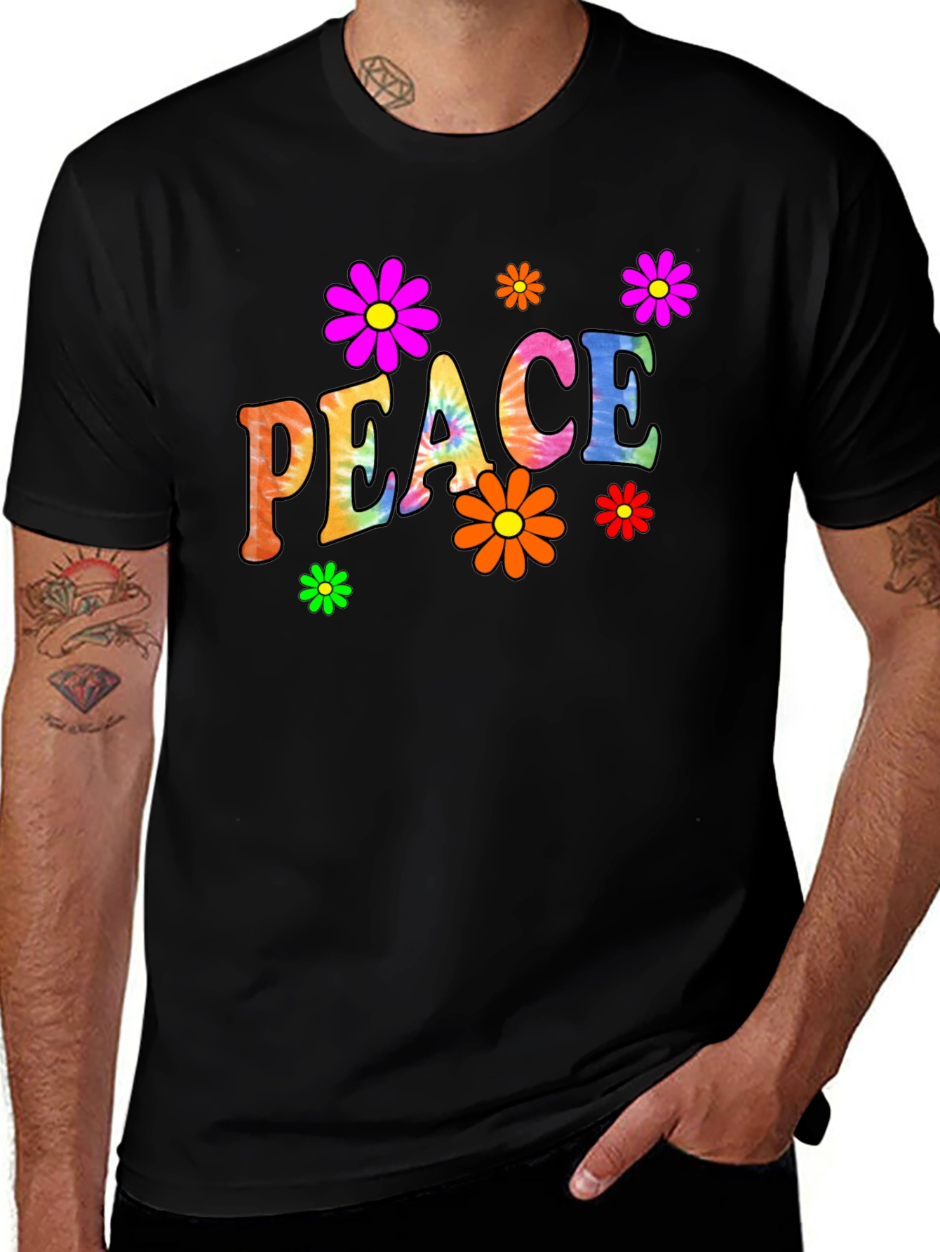 Peace Sign Flower Graphic Black T-Shirt