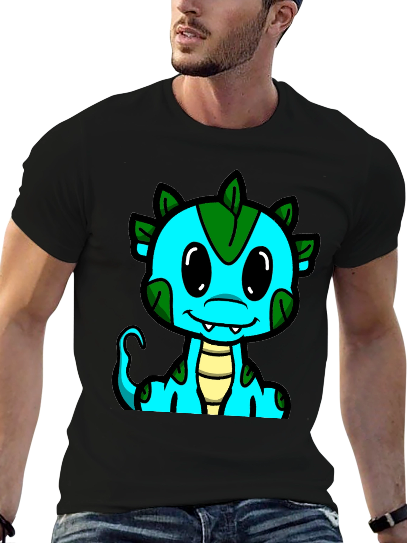 Cute Cartoon Dragon Graphic Tee - Black