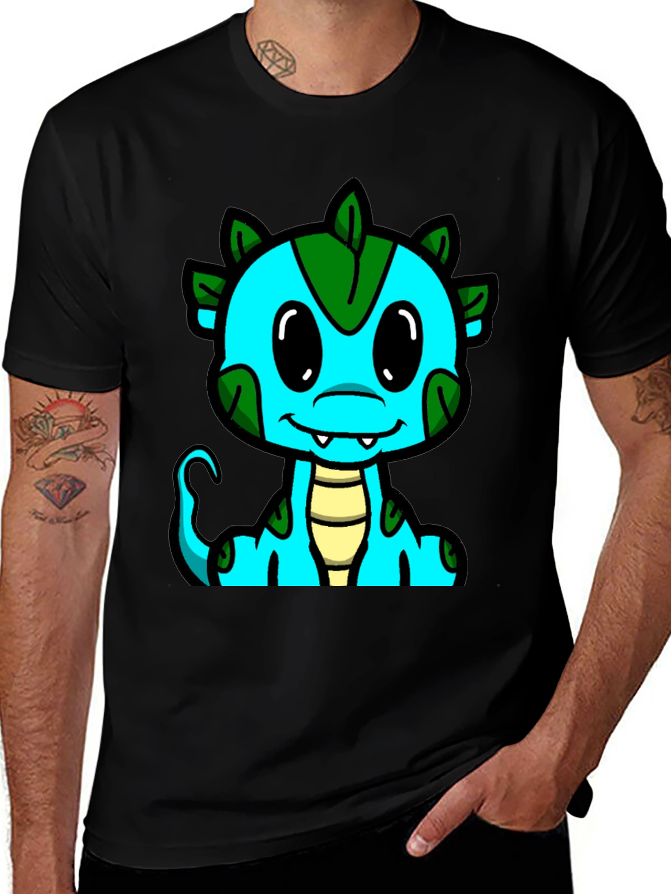 Cute Cartoon Dragon Graphic Tee - Black