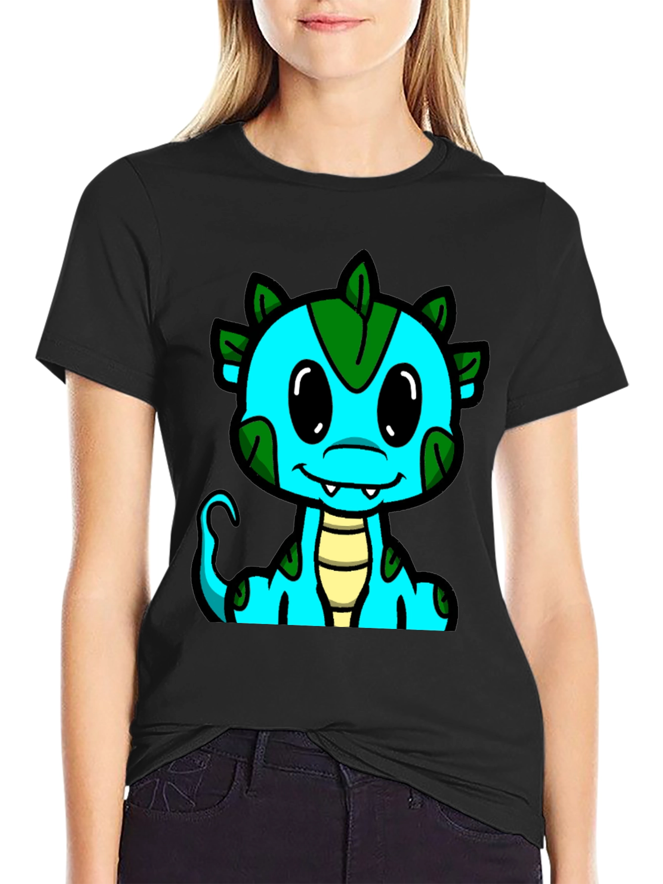 Cute Cartoon Dragon Graphic Tee - Black