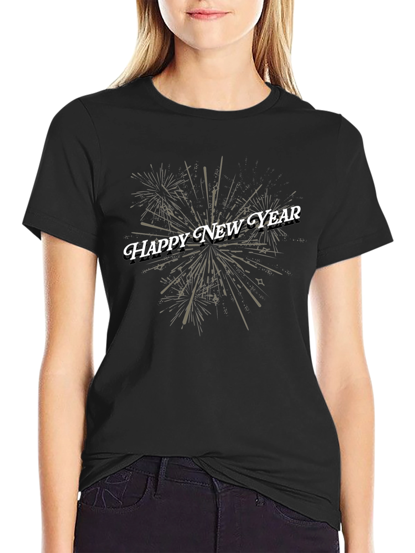 Happy New Year Fireworks Graphic Tee - Black