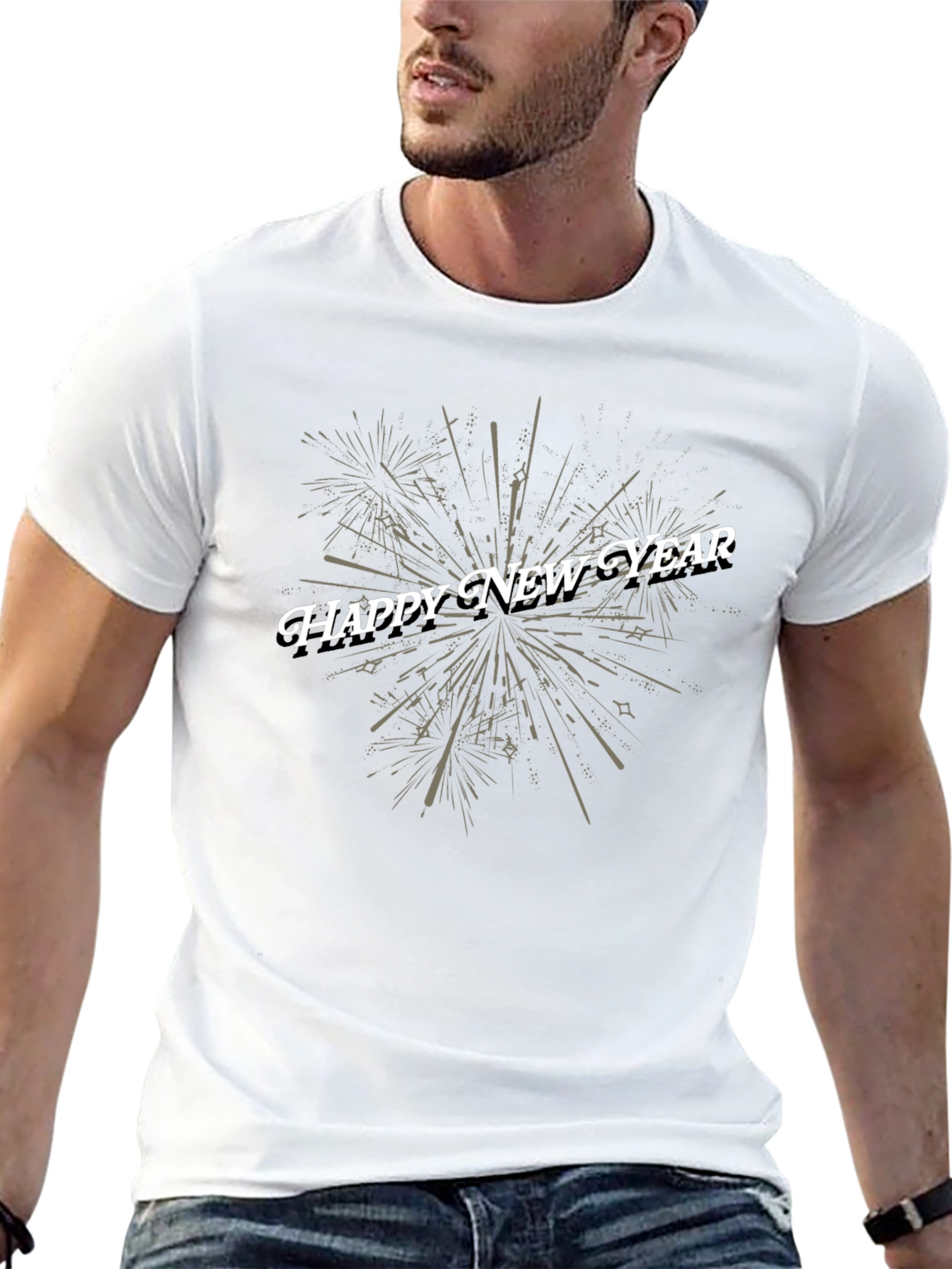 Happy New Year Fireworks Graphic Tee - Black