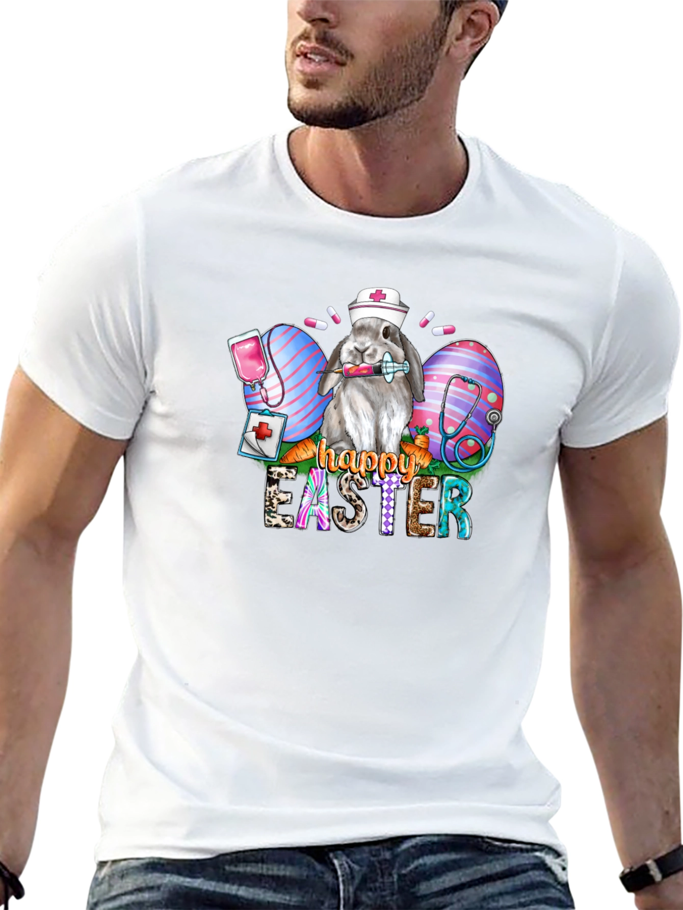 Nurse Bunny Happy Easter Black T-Shirt