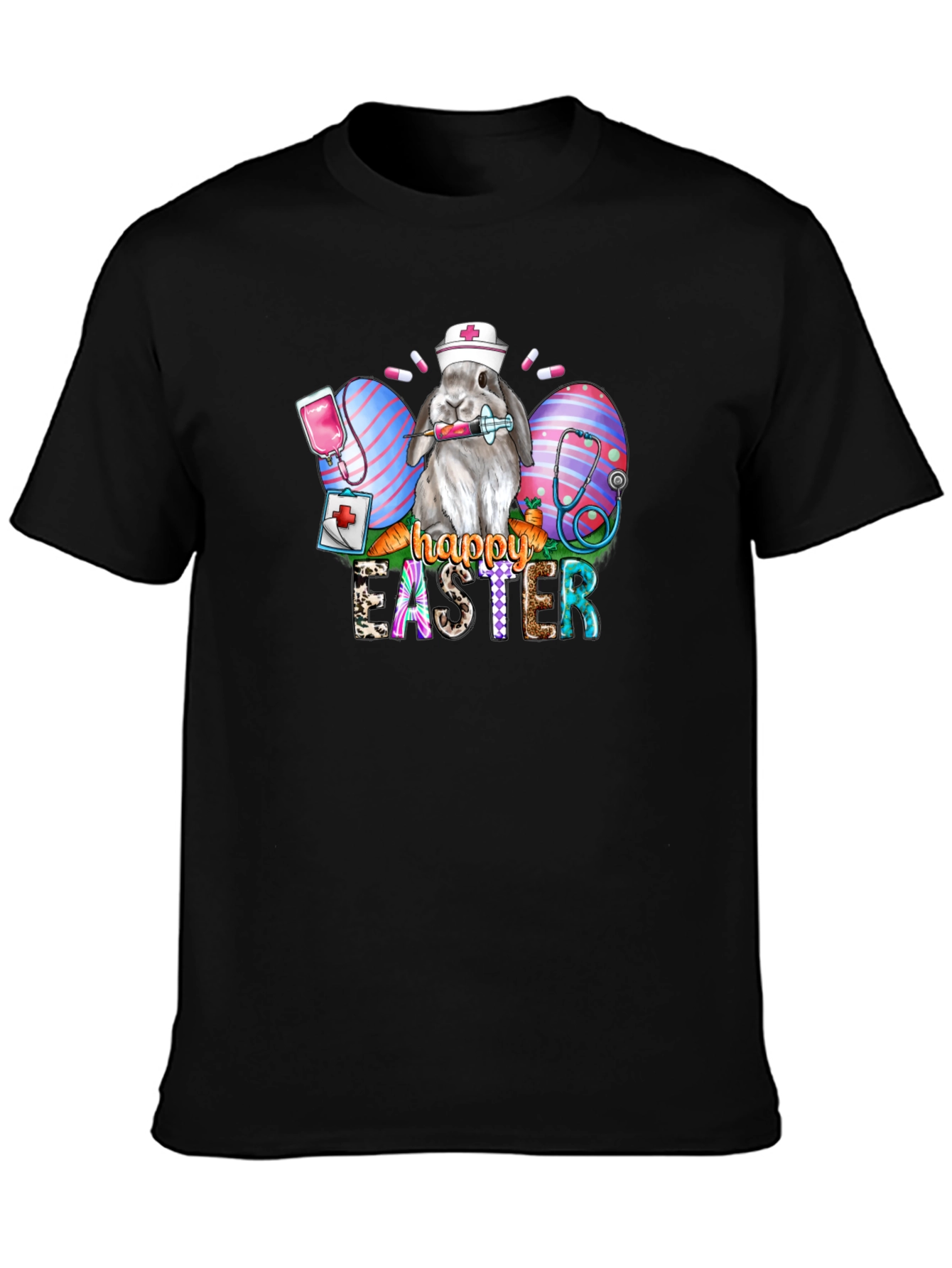 Nurse Bunny Happy Easter Black T-Shirt