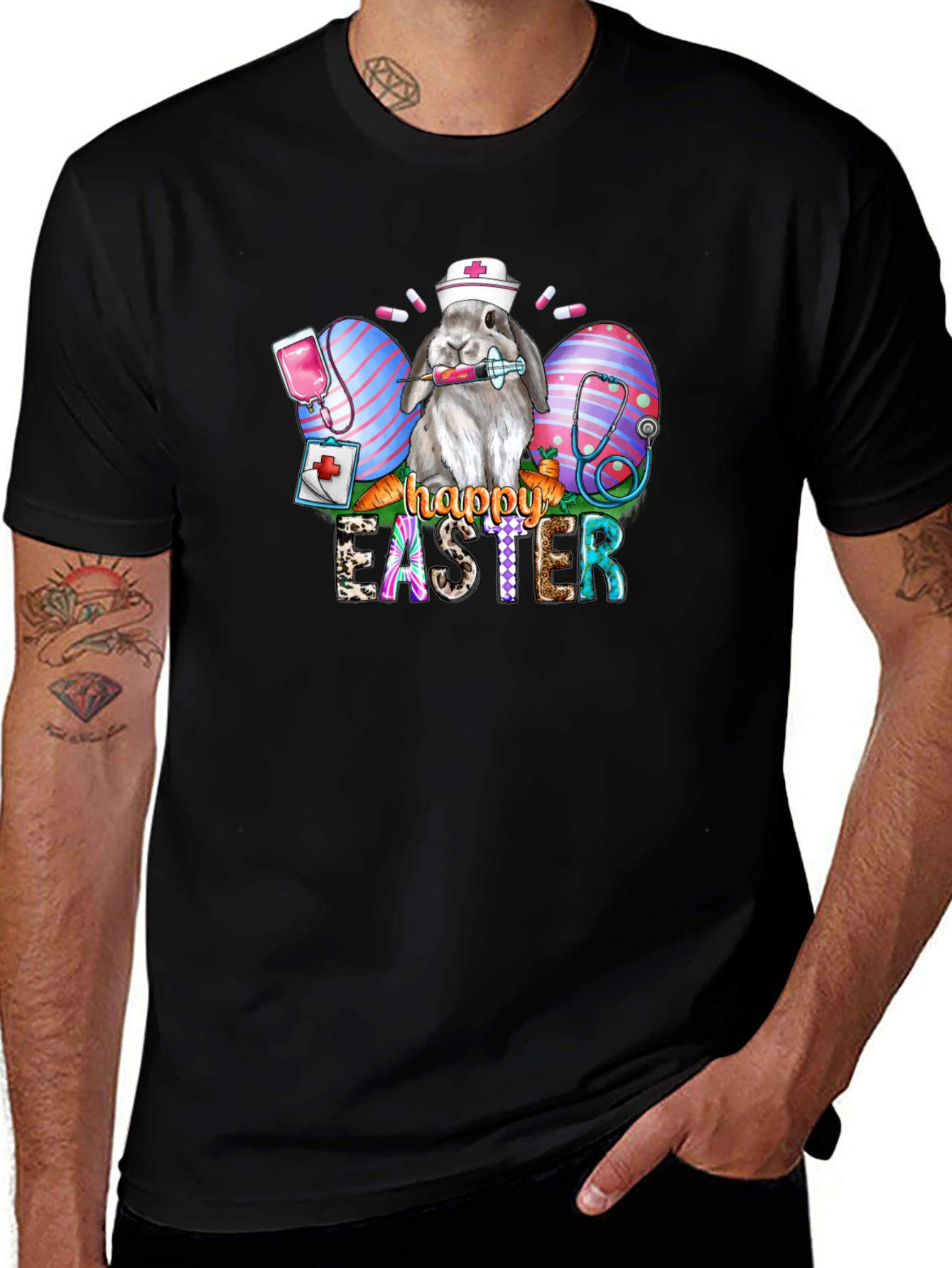 Nurse Bunny Happy Easter Black T-Shirt