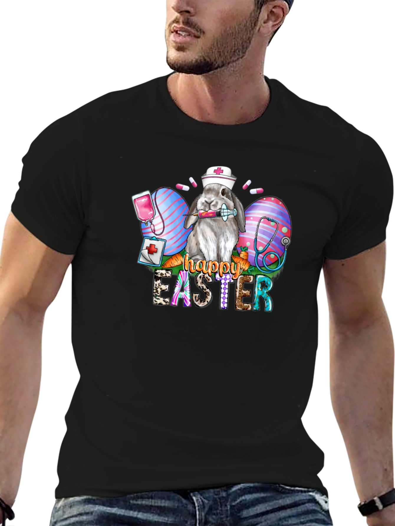 Nurse Bunny Happy Easter Black T-Shirt