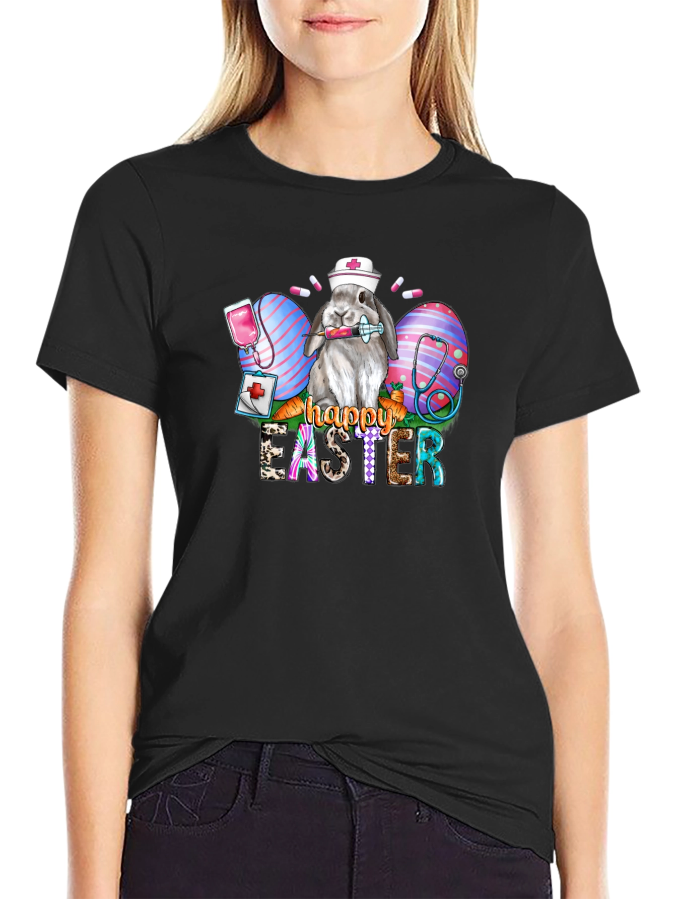 Nurse Bunny Happy Easter Black T-Shirt