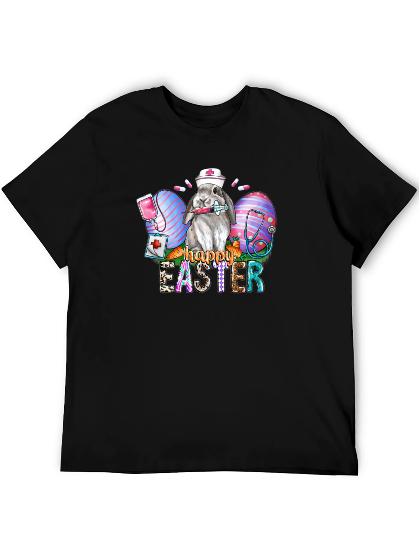 Nurse Bunny Happy Easter Black T-Shirt