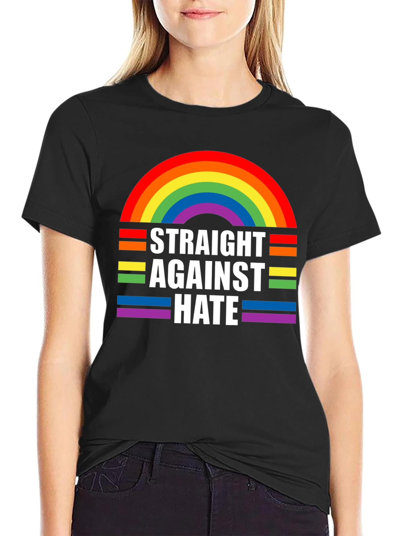 Straight Against Hate Rainbow Graphic T-Shirt