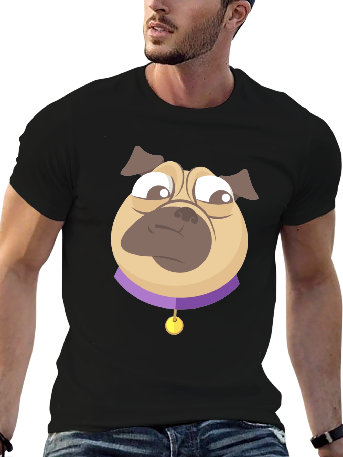 Pug Cartoon Graphic T-Shirt - Black Cotton Blend