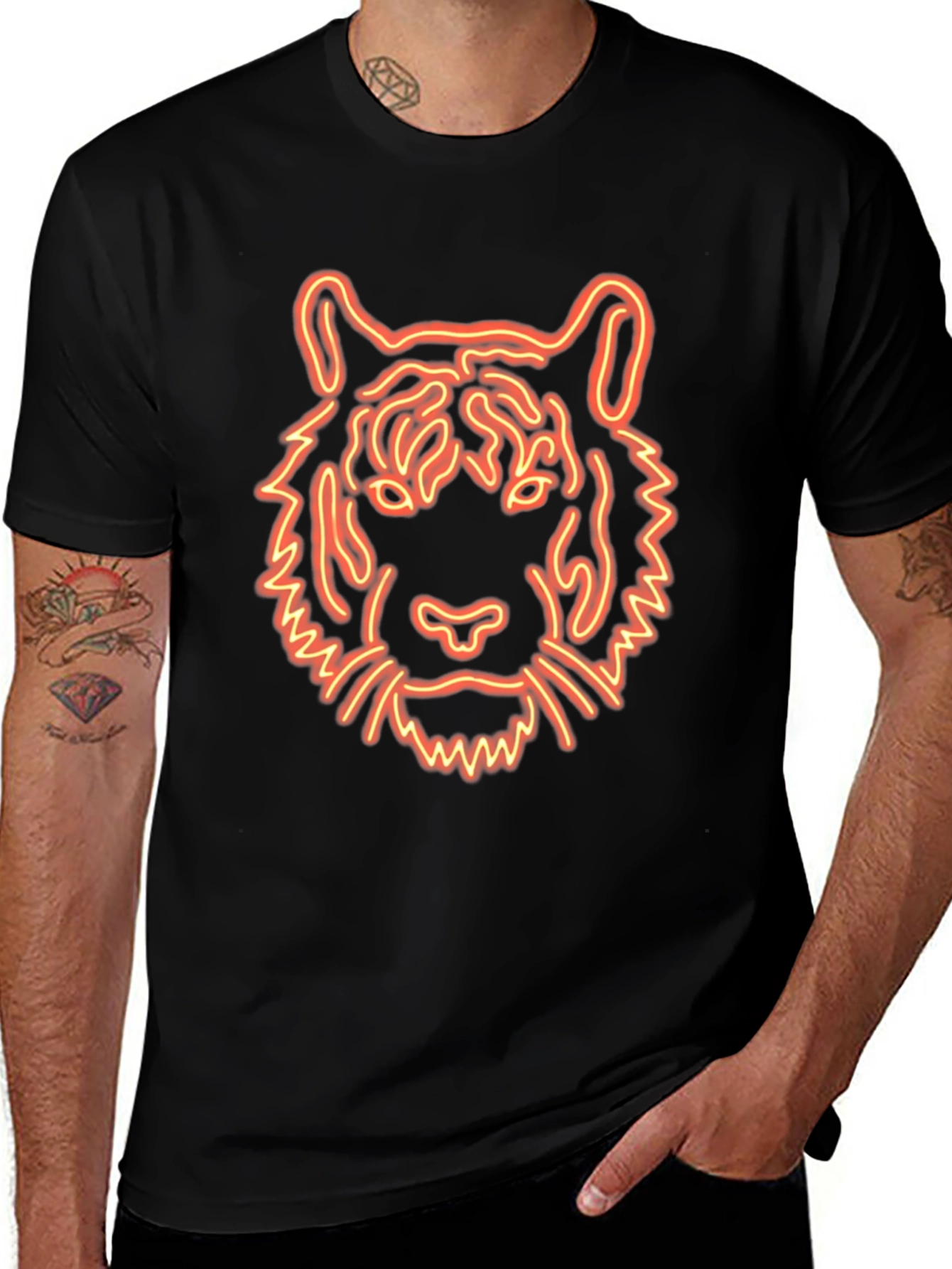 Neon Tiger Graphic Tee - Black Cotton T-Shirt