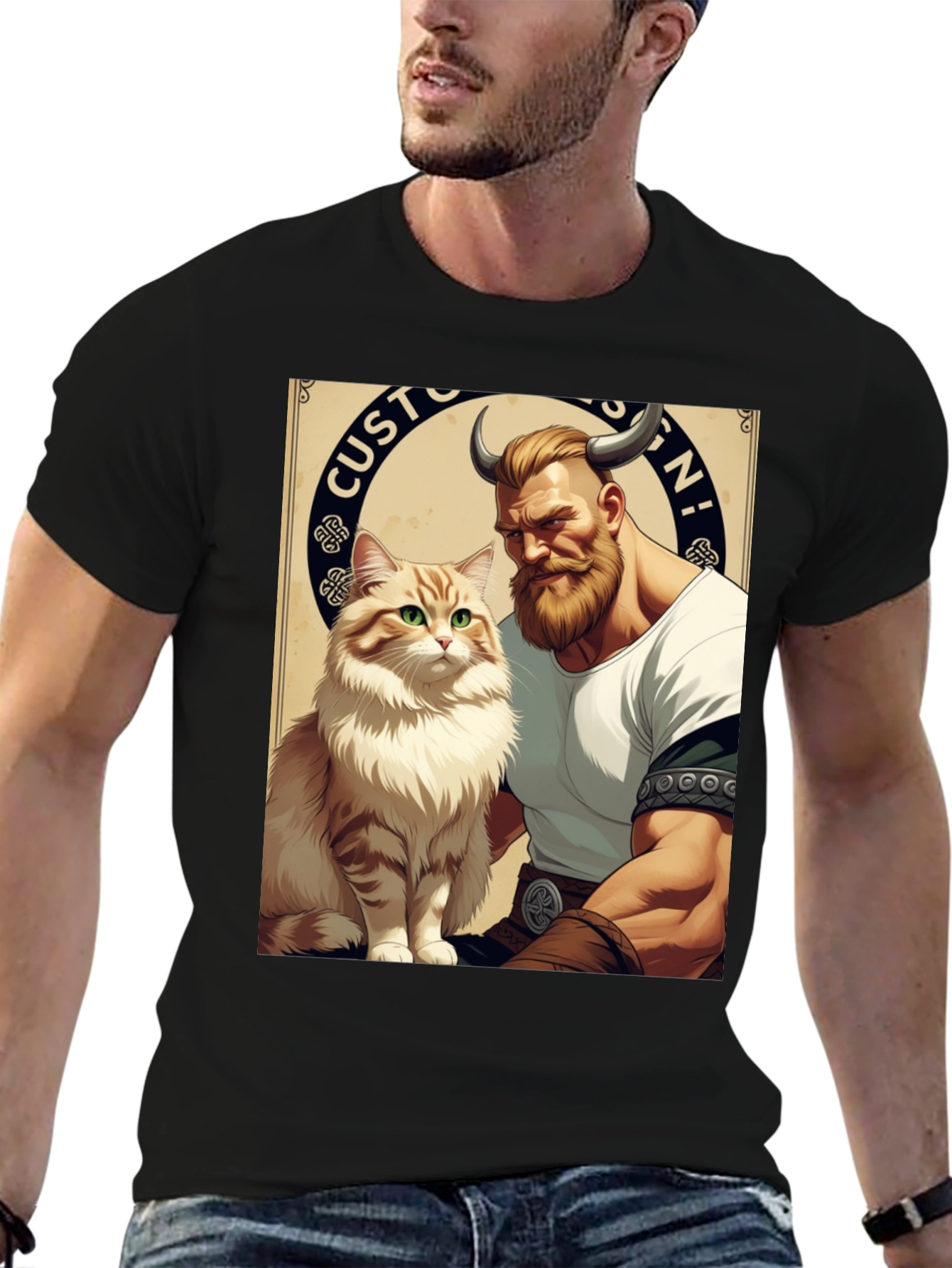 Viking & Cat Graphic Tee - Custom Design!