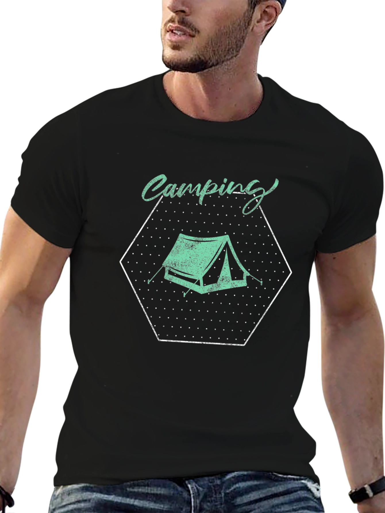 Camping Tent Graphic Tee - Black Cotton T-Shirt