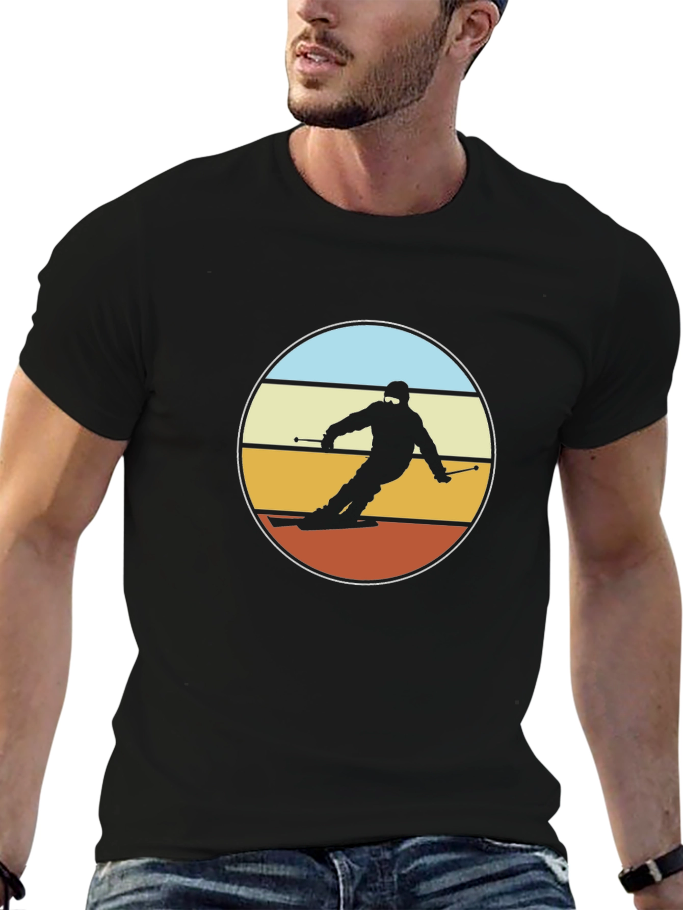 Retro Skier Graphic Tee - Black Cotton T-Shirt