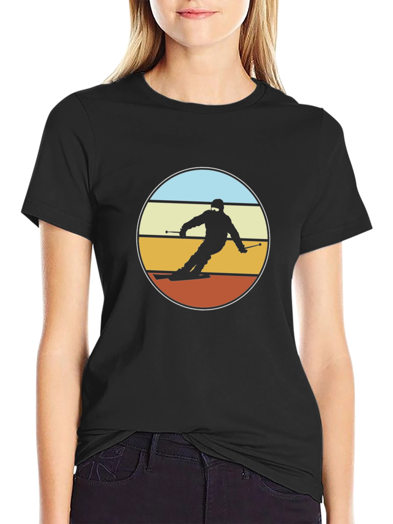 Retro Skier Graphic Tee - Black Cotton T-Shirt