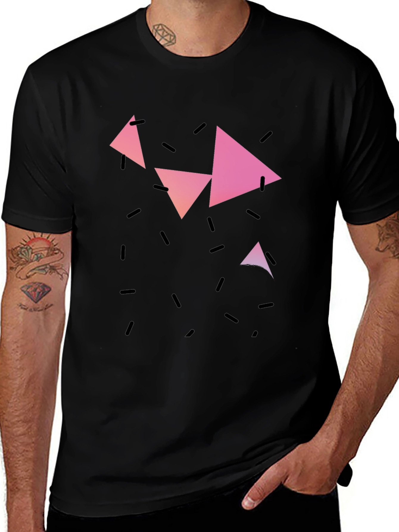 Geometric Triangle Print Black Casual T-Shirt