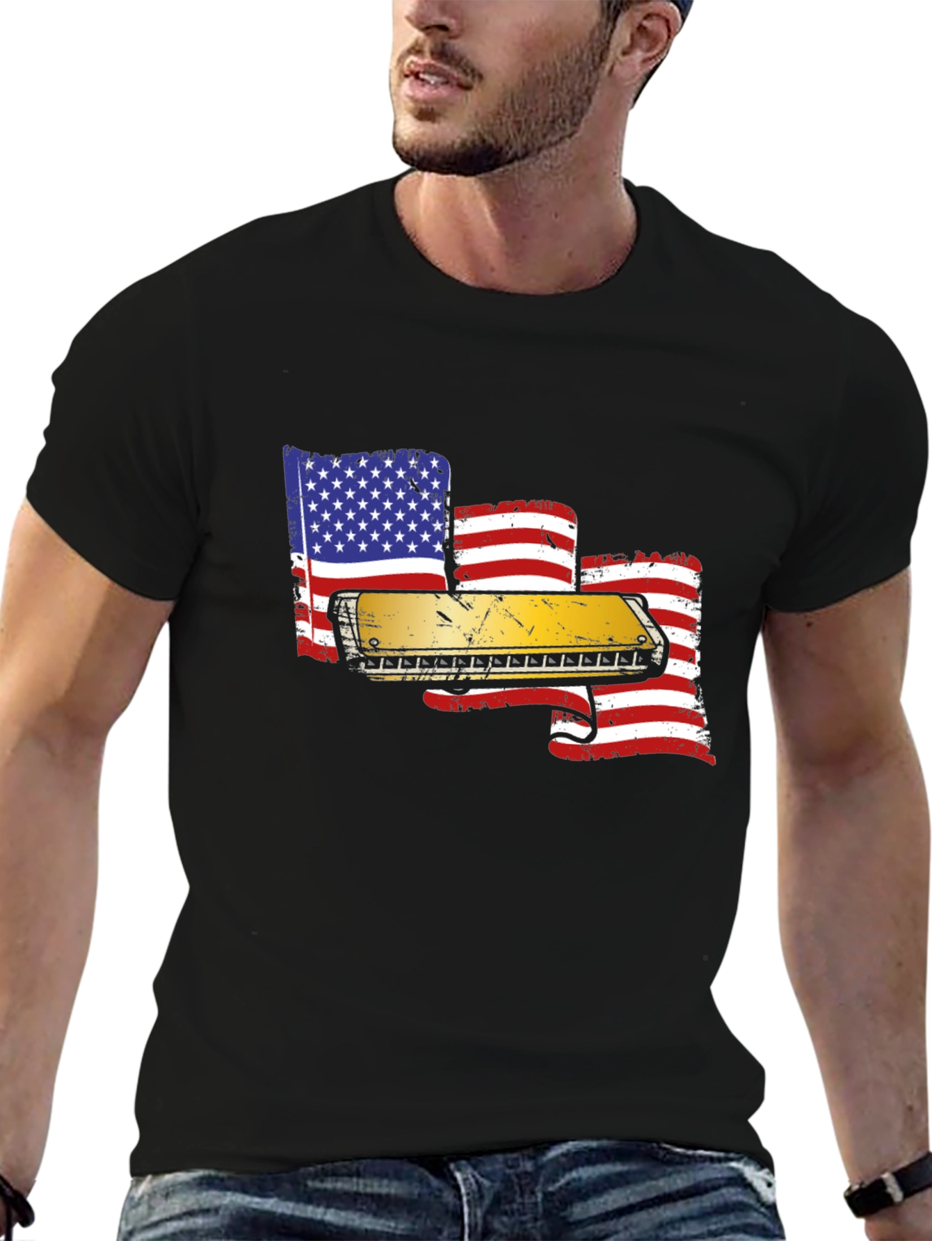 Harmonica American Flag Graphic T-Shirt