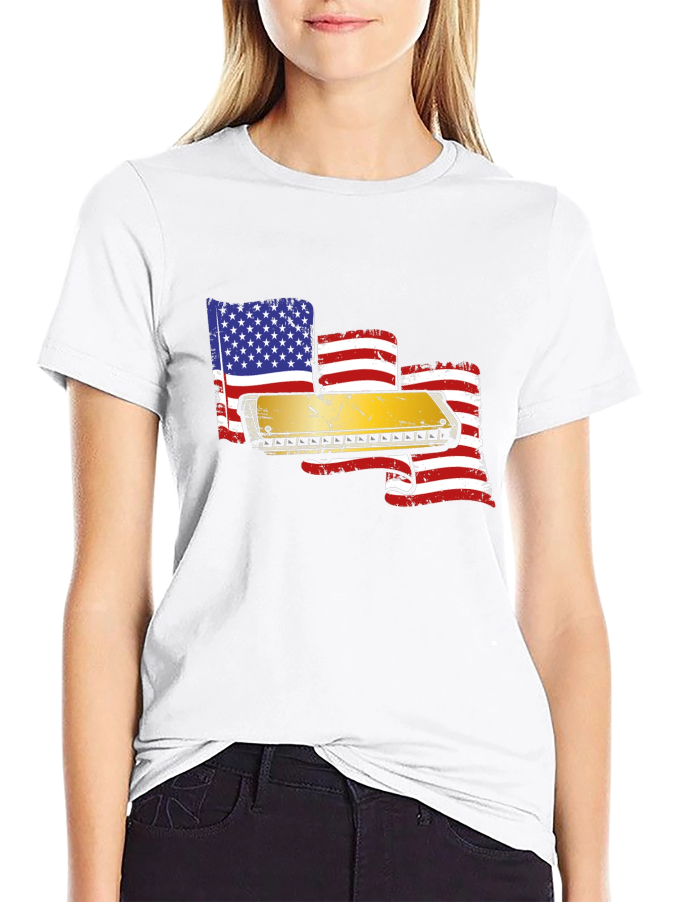 Harmonica American Flag Graphic T-Shirt
