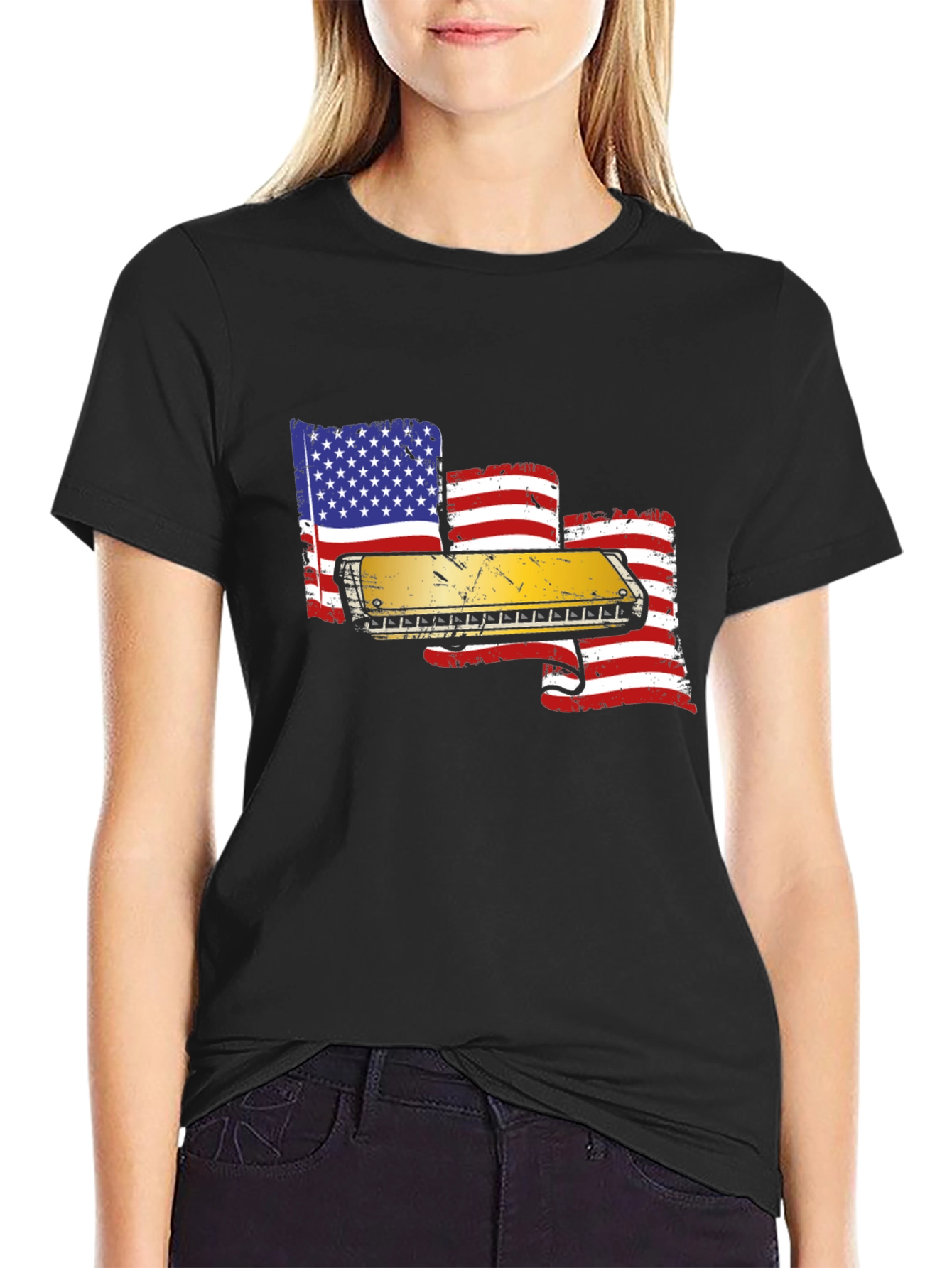 Harmonica American Flag Graphic T-Shirt