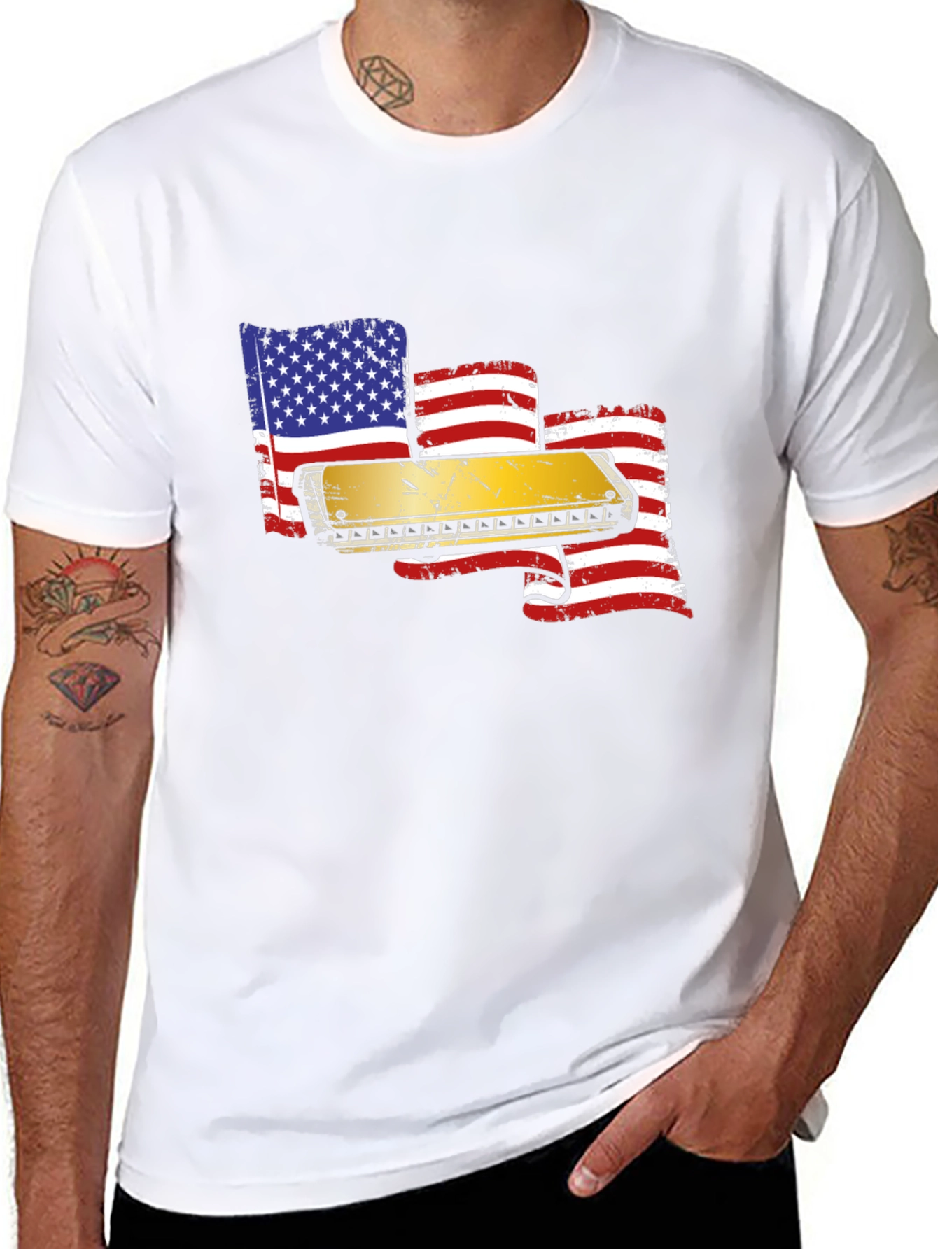 Harmonica American Flag Graphic T-Shirt