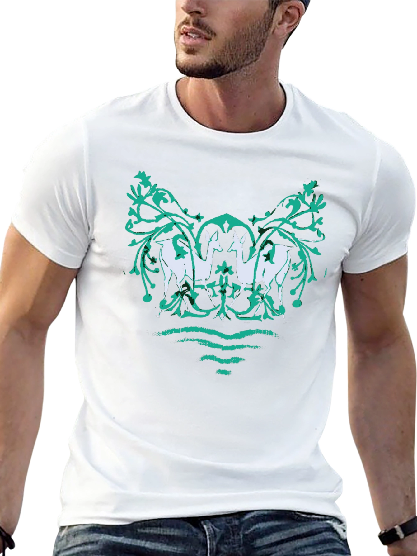 Unique Deer Motif Graphic Tee - Black