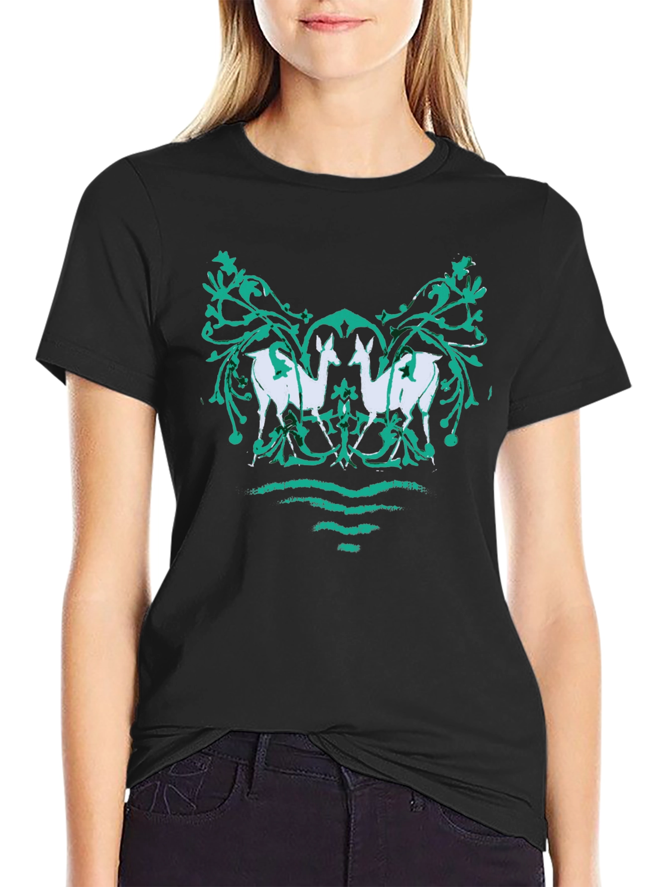 Unique Deer Motif Graphic Tee - Black