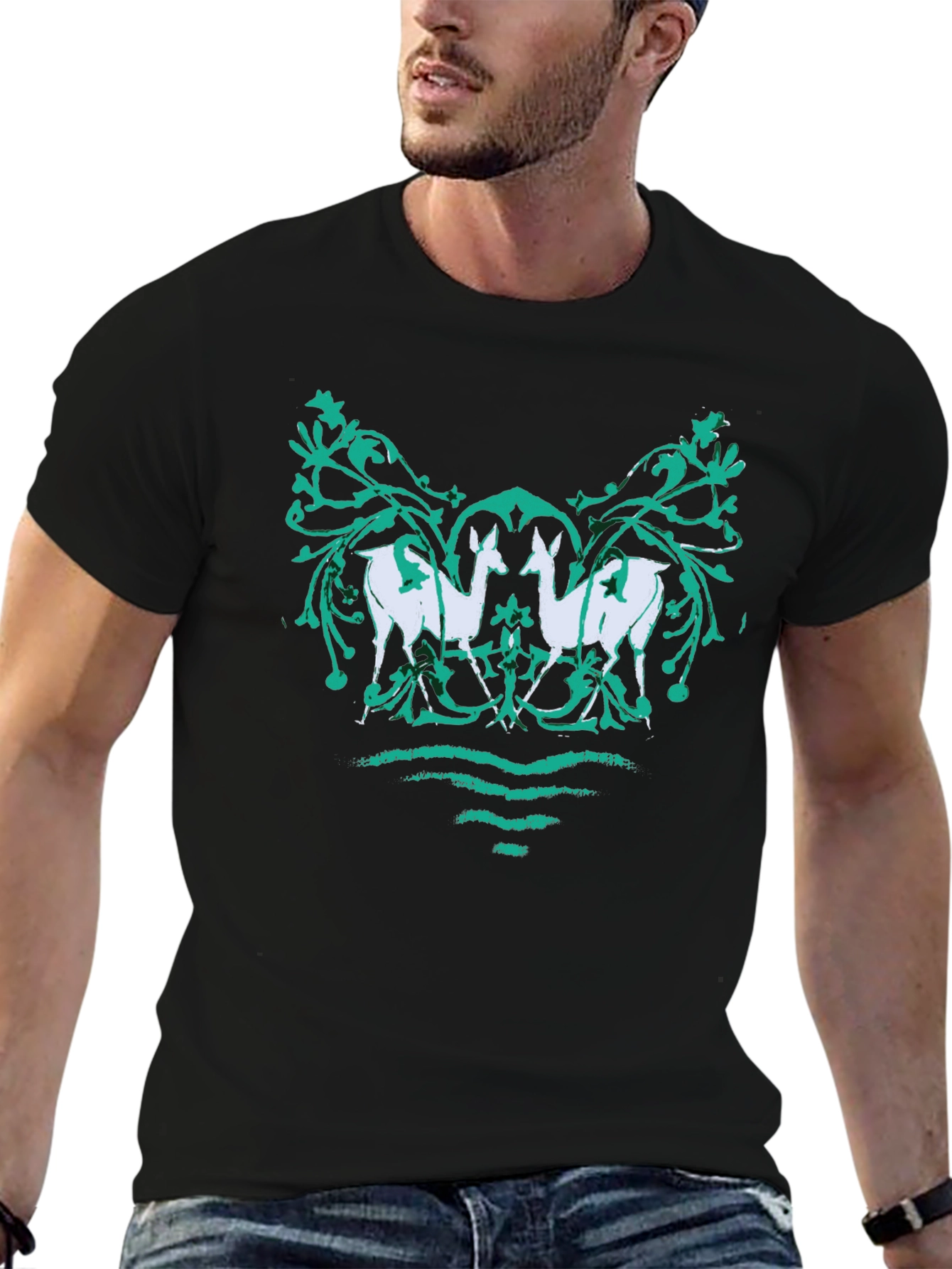 Unique Deer Motif Graphic Tee - Black