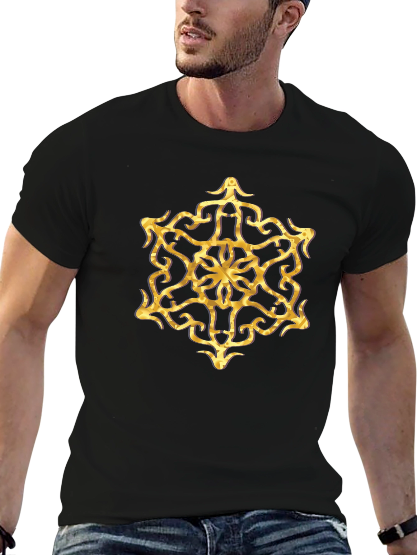 Golden Mandala Graphic Tee - Stylish Mens Black T-Shirt