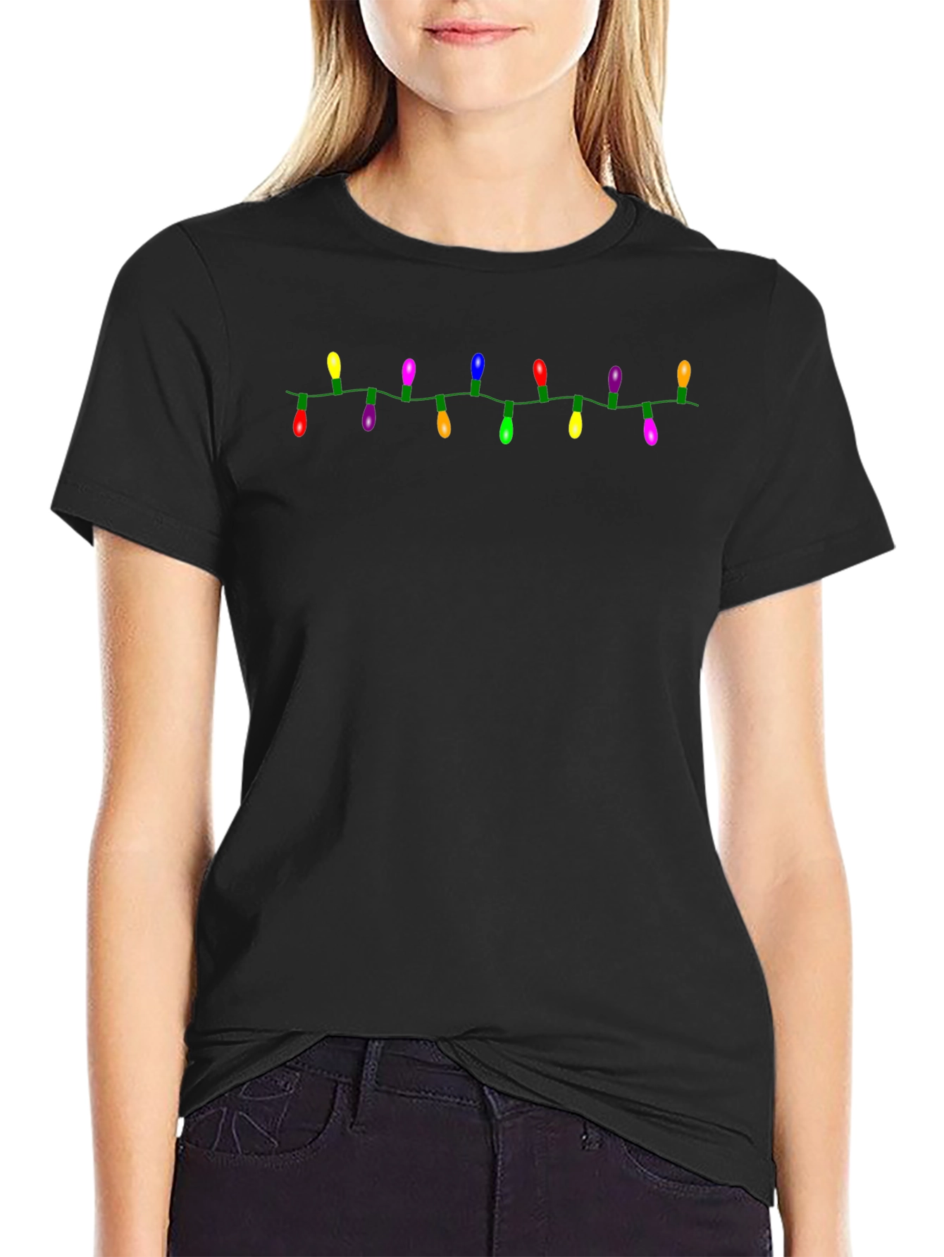 Festive Christmas Lights Graphic Tee - Black