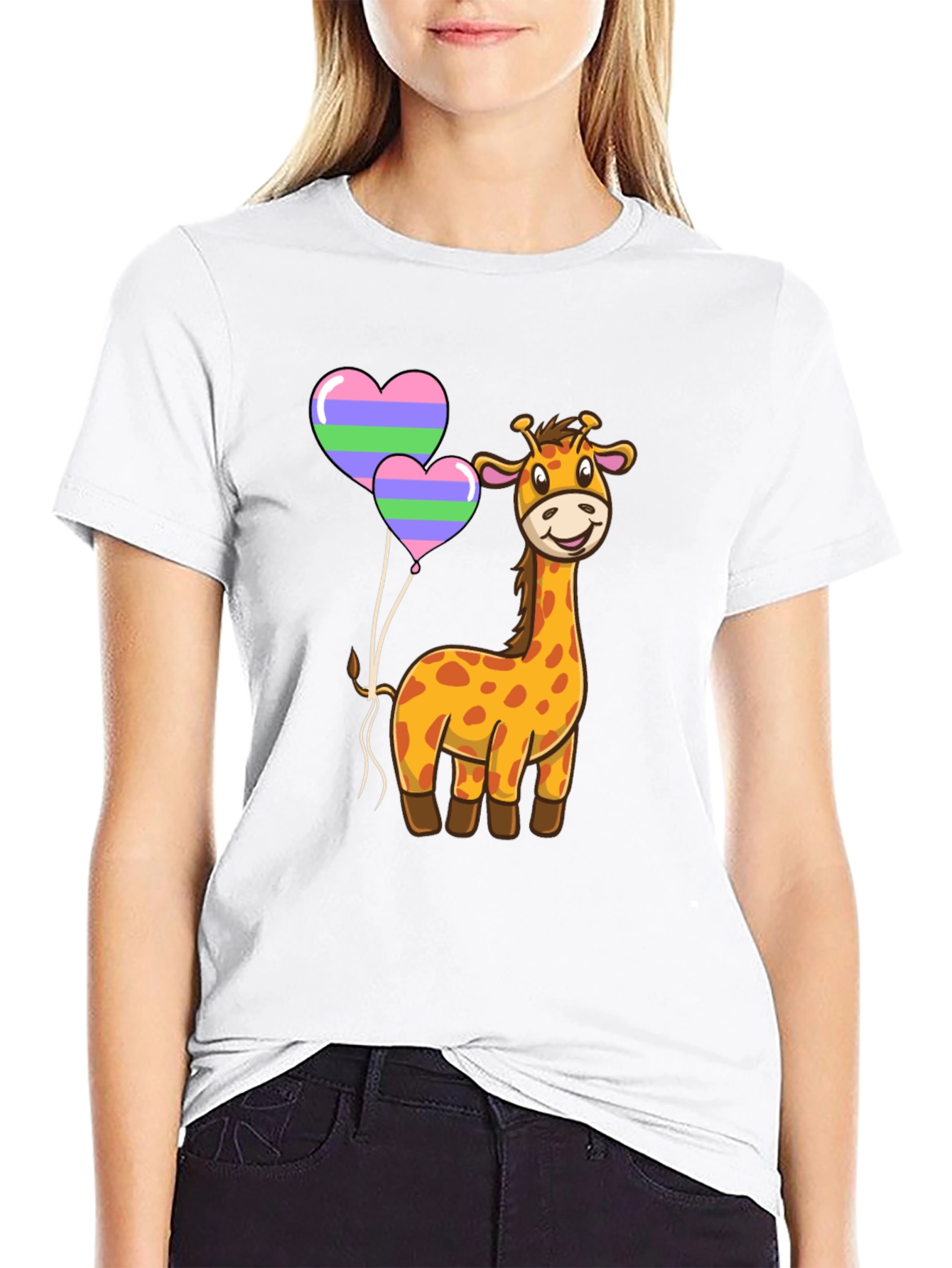 Cute Giraffe Heart Balloon Black T-Shirt