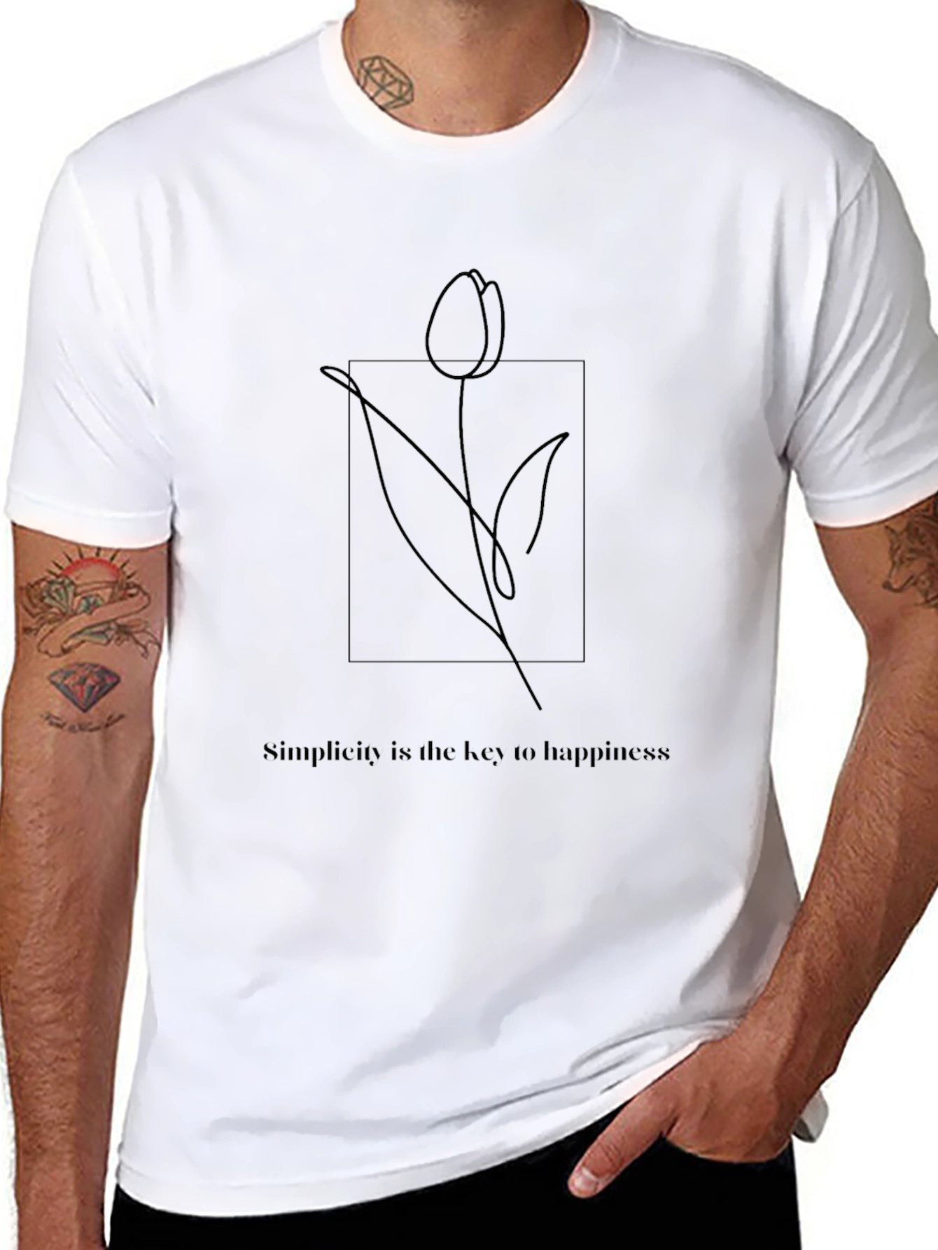 Minimalist Tulip Line Art Black T-Shirt
