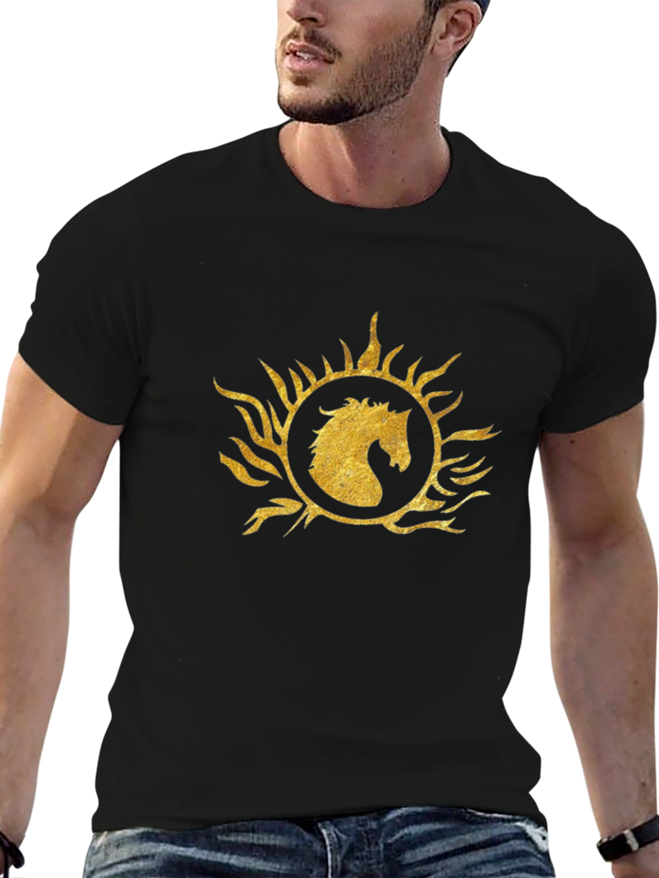 Black T-Shirt with Gold Horse Sunburst Graphic