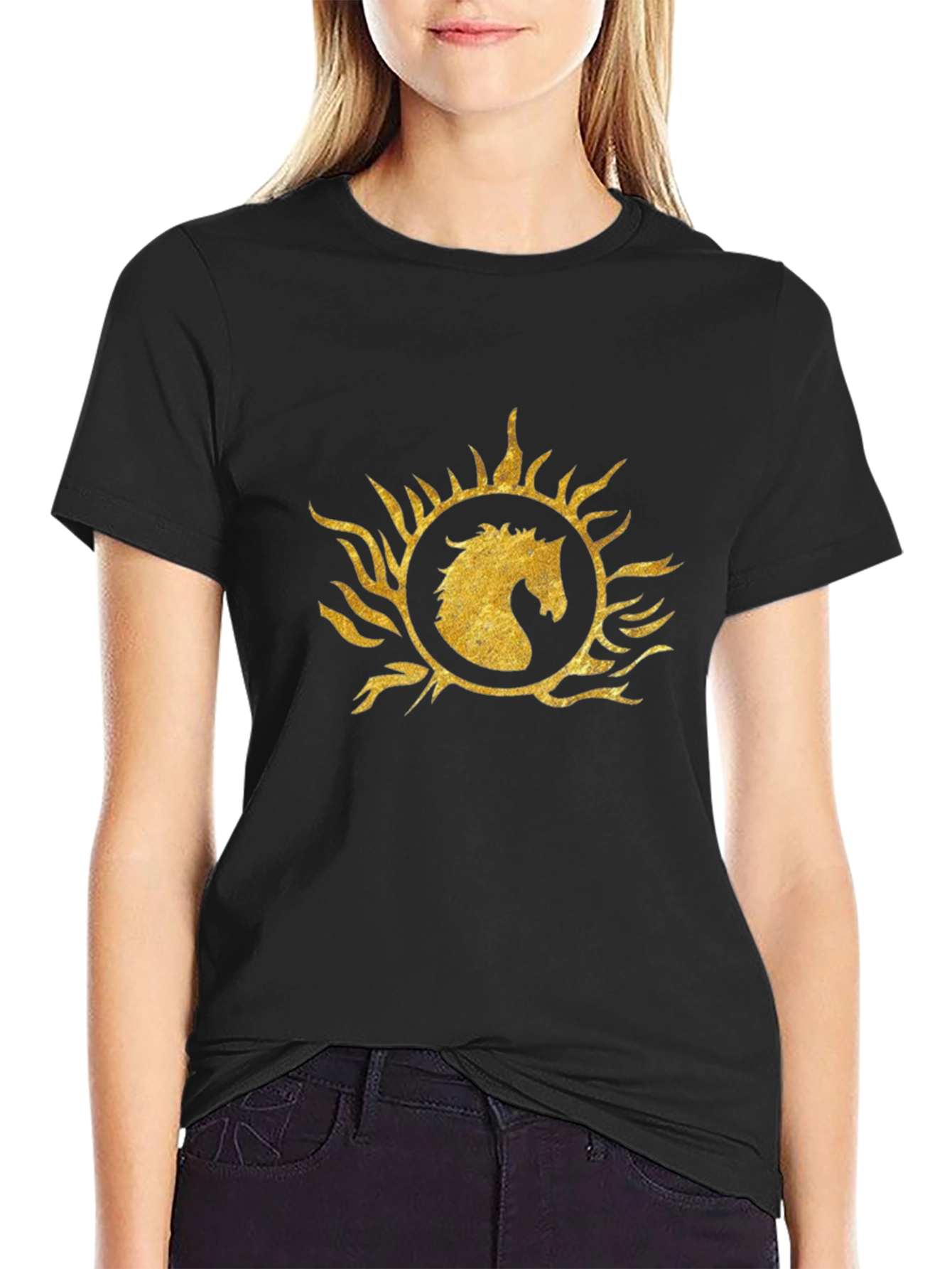 Black T-Shirt with Gold Horse Sunburst Graphic