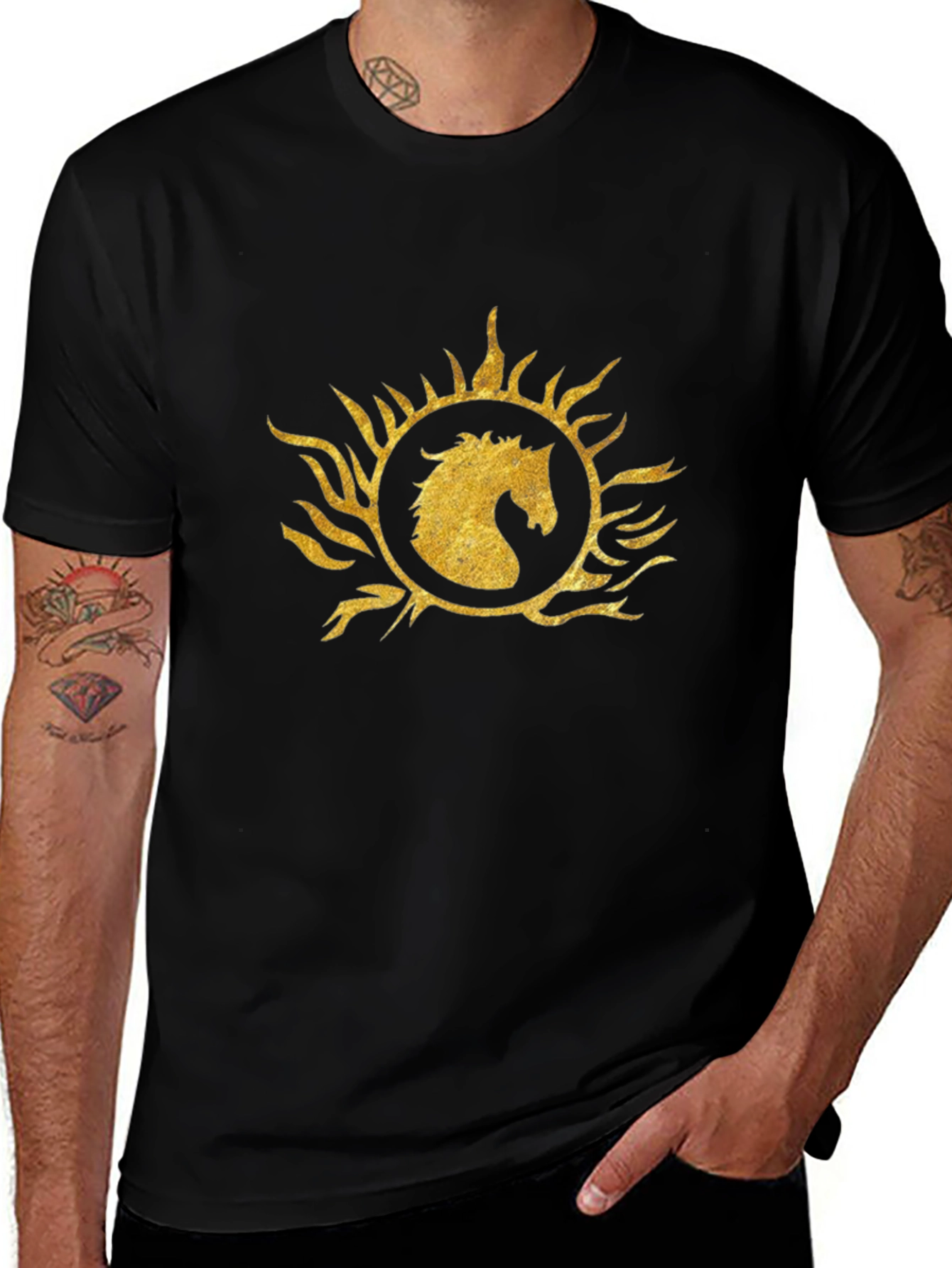 Black T-Shirt with Gold Horse Sunburst Graphic