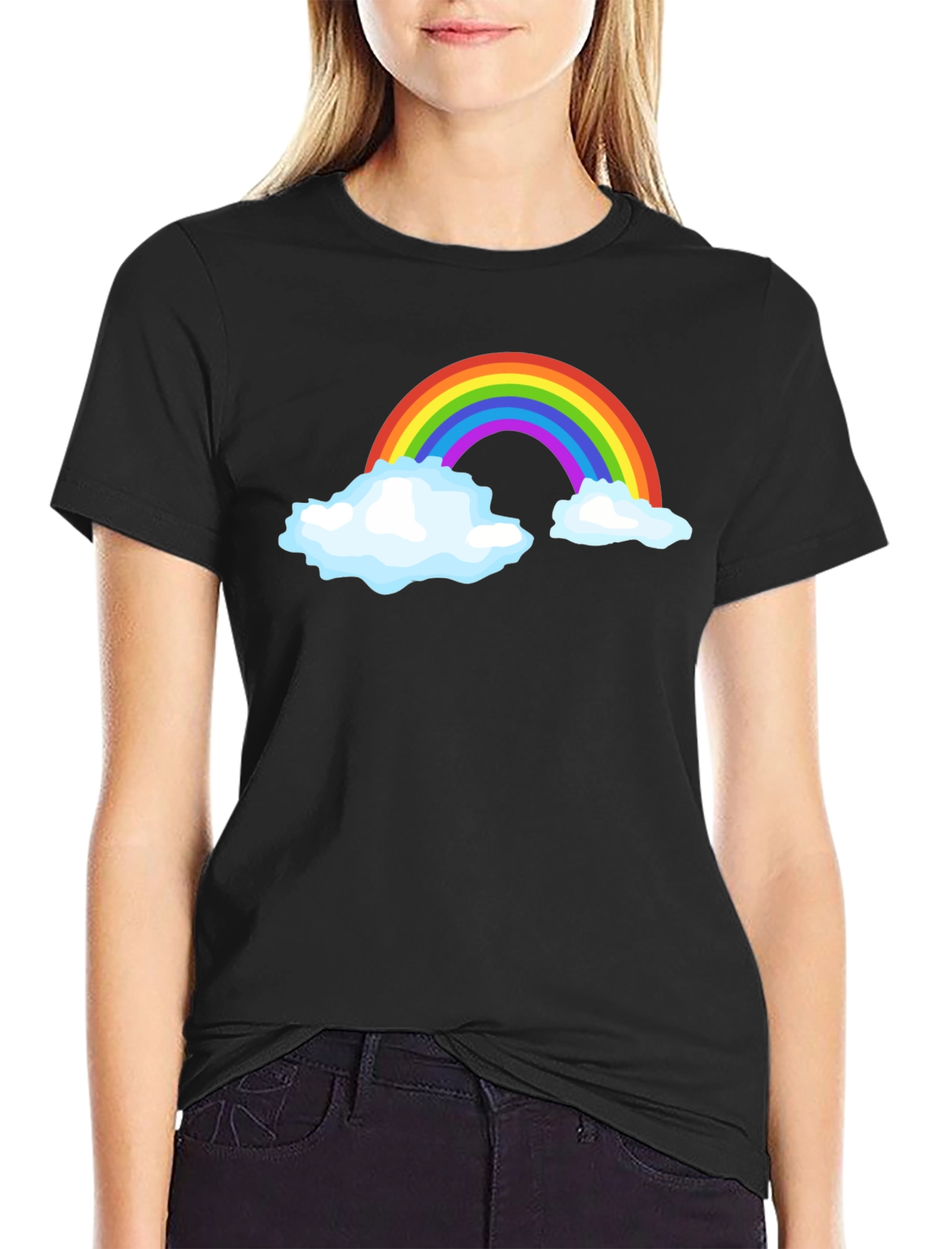 Rainbow Cloud Graphic Tee - Black Cotton T-Shirt