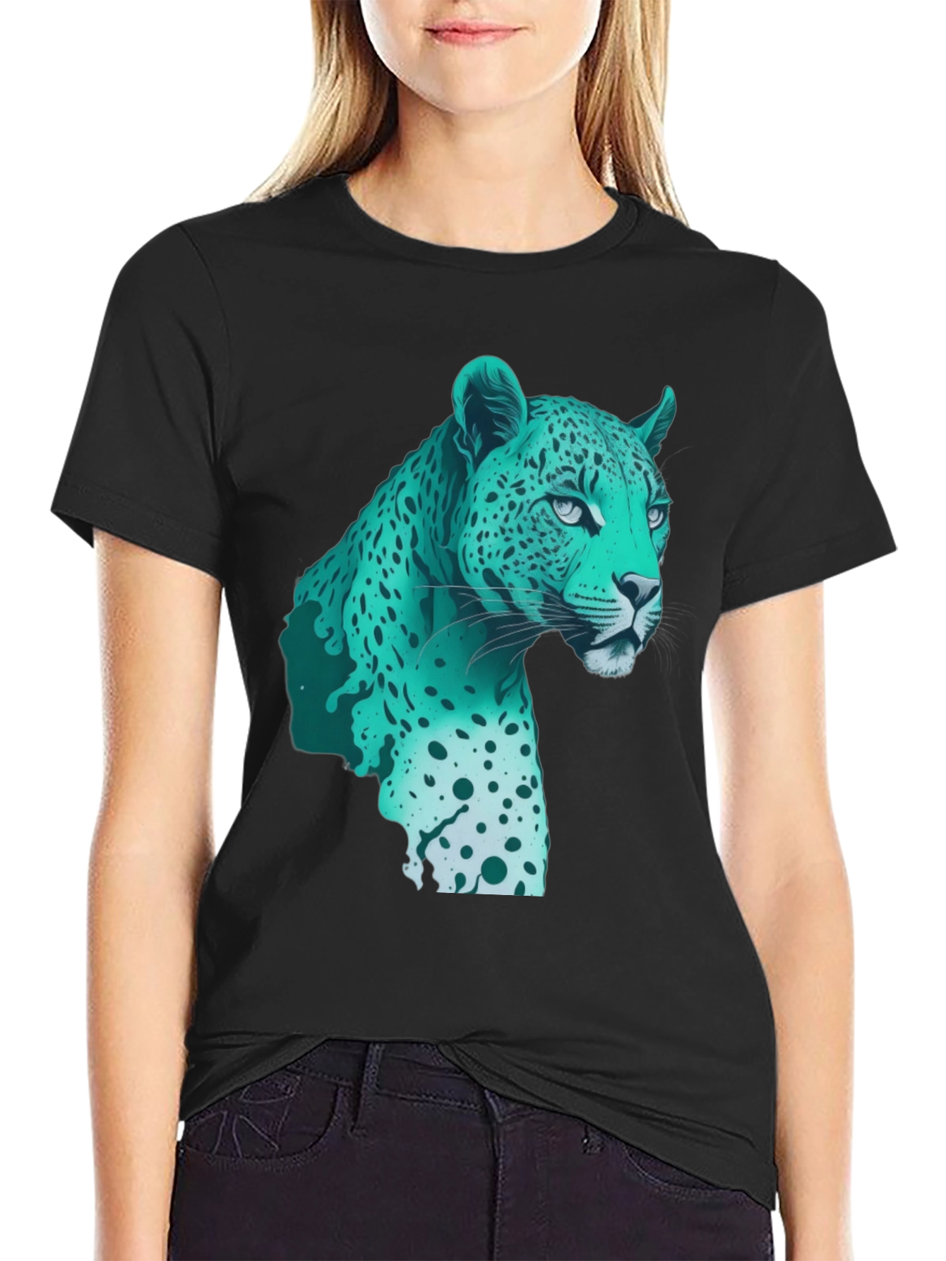 Cool Teal Jaguar Graphic Print Black T-Shirt